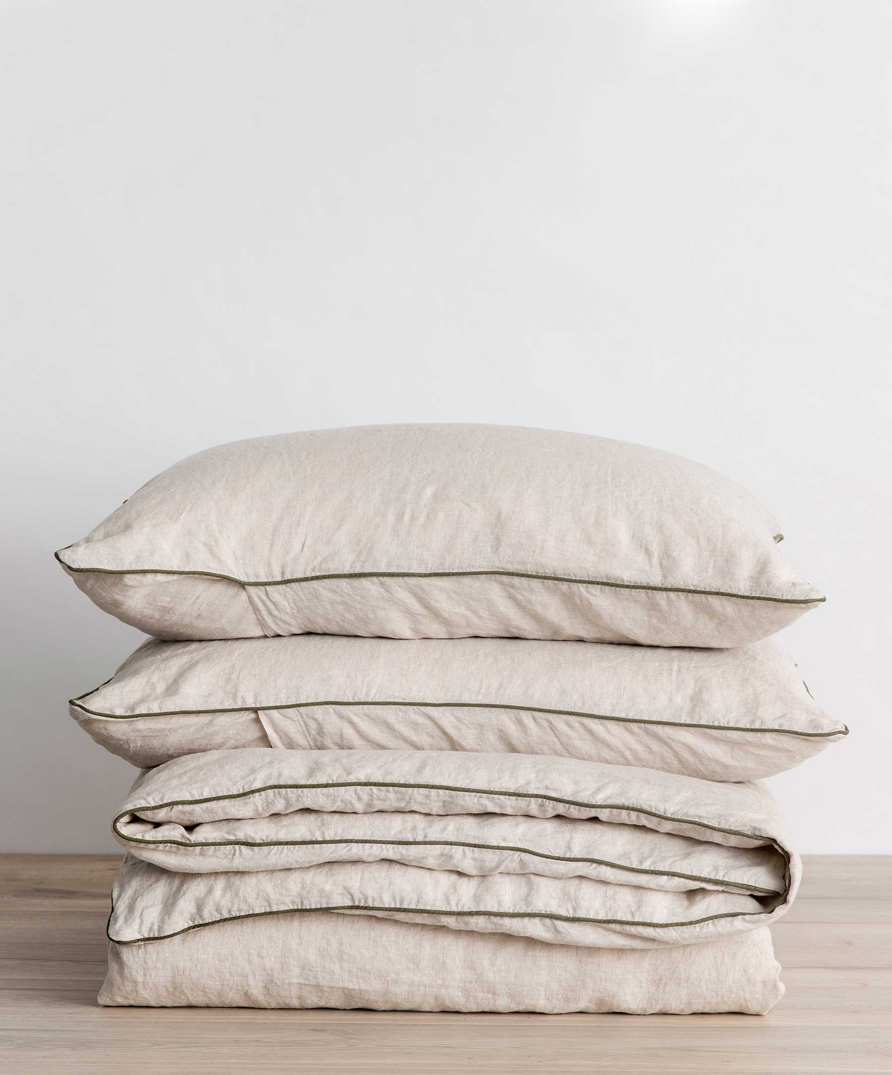 Piped Linen Duvet Cover Set - Natural and Forest