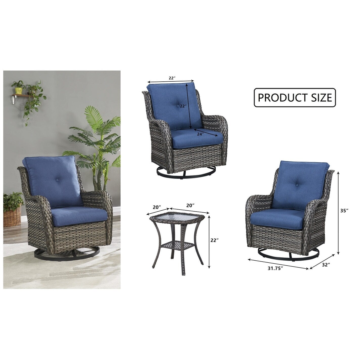 Gymojoy 3 Piece Outdoor Wicker Swivel Rocker with Cushion & Table