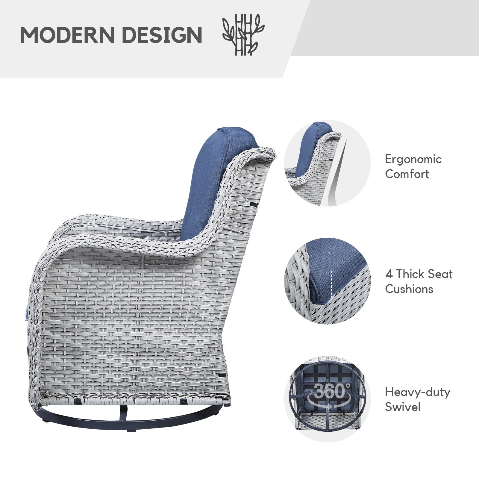 Gymojoy 3 Piece Outdoor Wicker Swivel Rocker with Cushion & Table