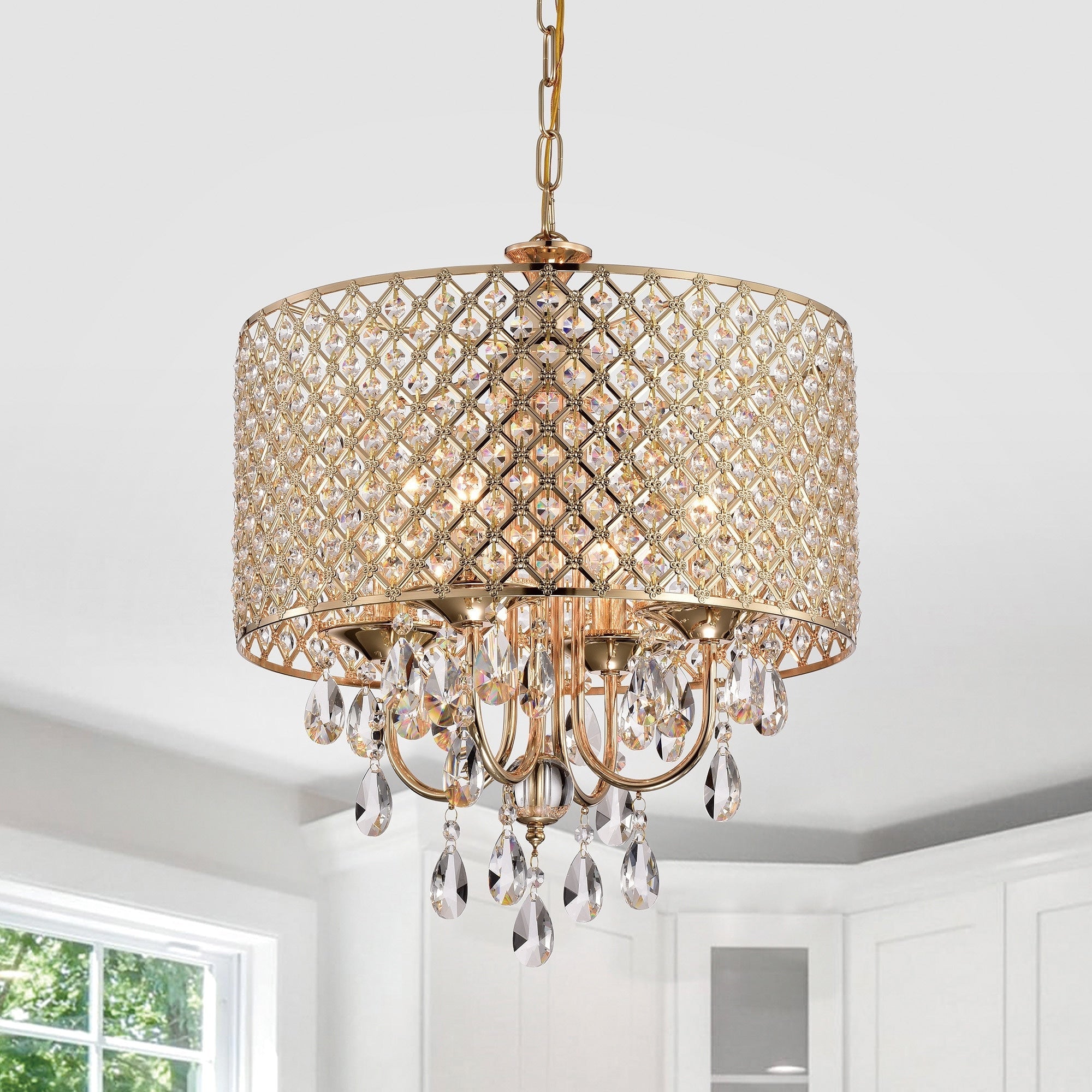 Round Beaded Drum Chandelier with Hanging Crystals