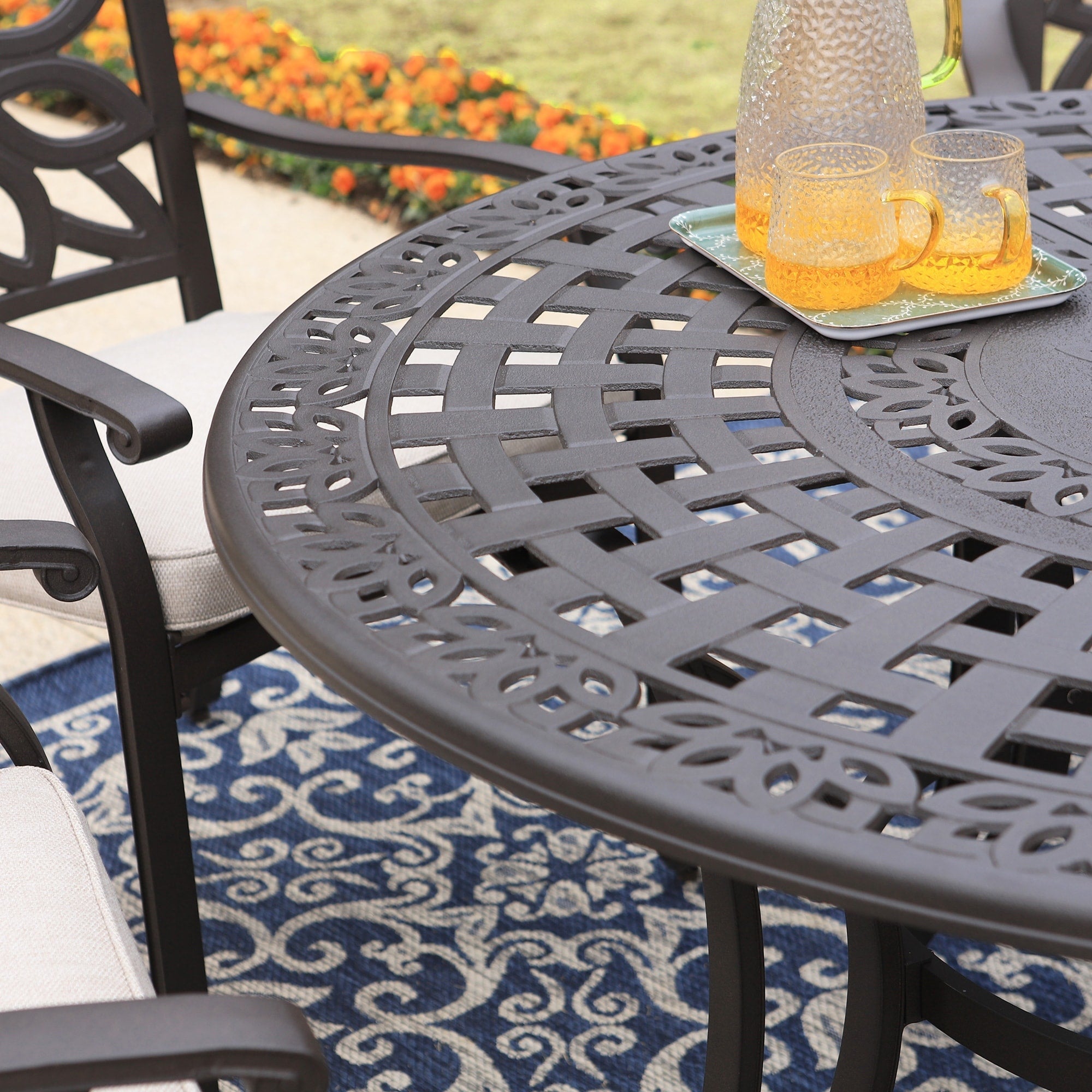 MAISON ARTS Cast Aluminum Dining Chairs/Patio Dining Set with Round Dining Table & 6 Cast Aluminum Patio Chairs