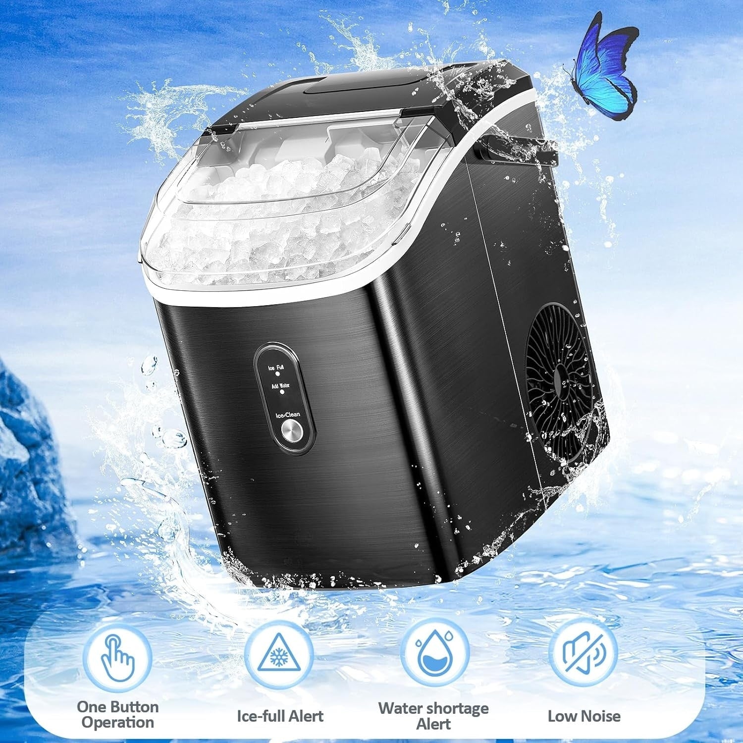 Nugget Ice Portable Countertop Ice Maker with Mechanical Buttons, Equipped with Ice Basket and Ice Scoop, Stainless Steel