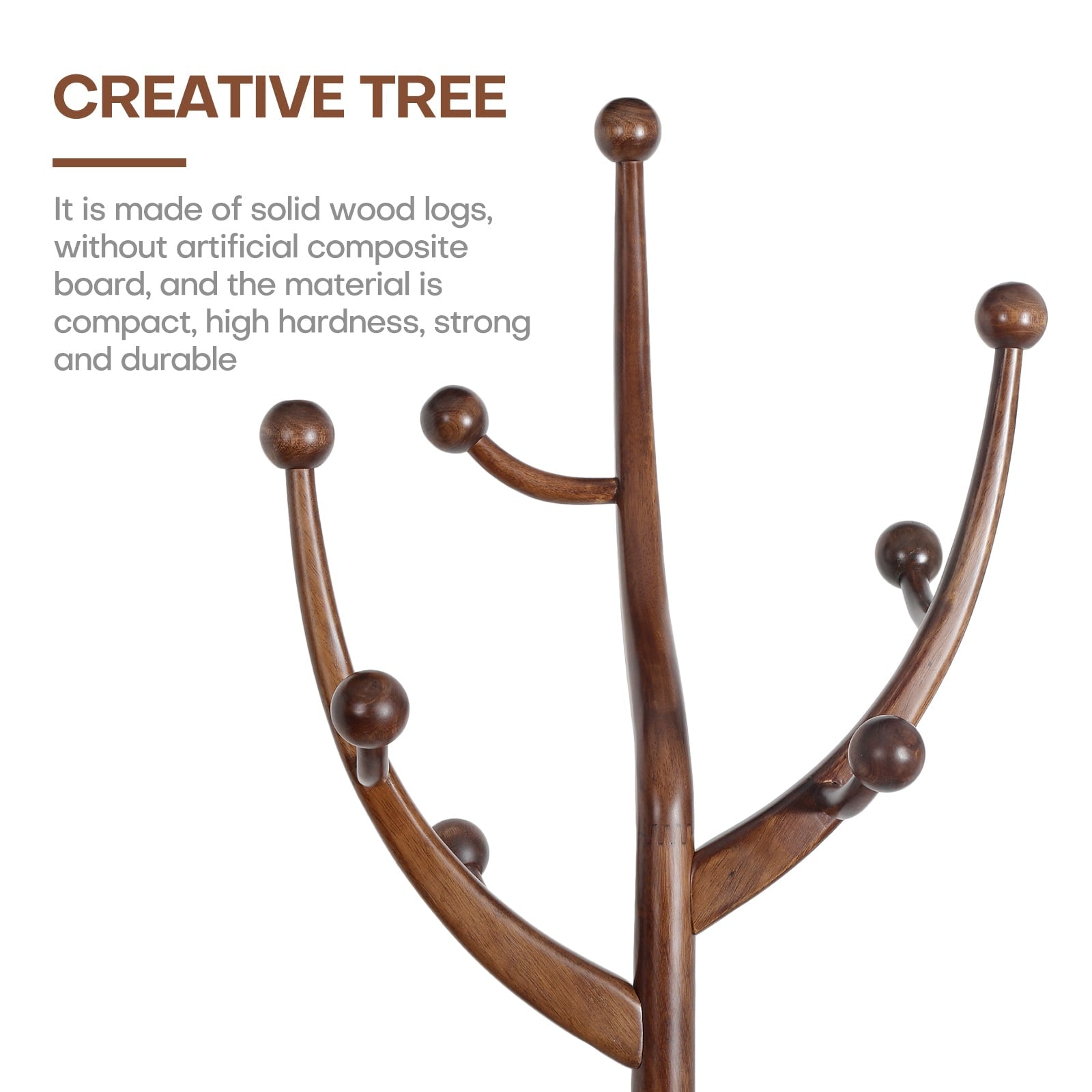Tree-branch Rubberwood Freestanding Coat Rack with 8 Hooks - 24.5W x 70.87H