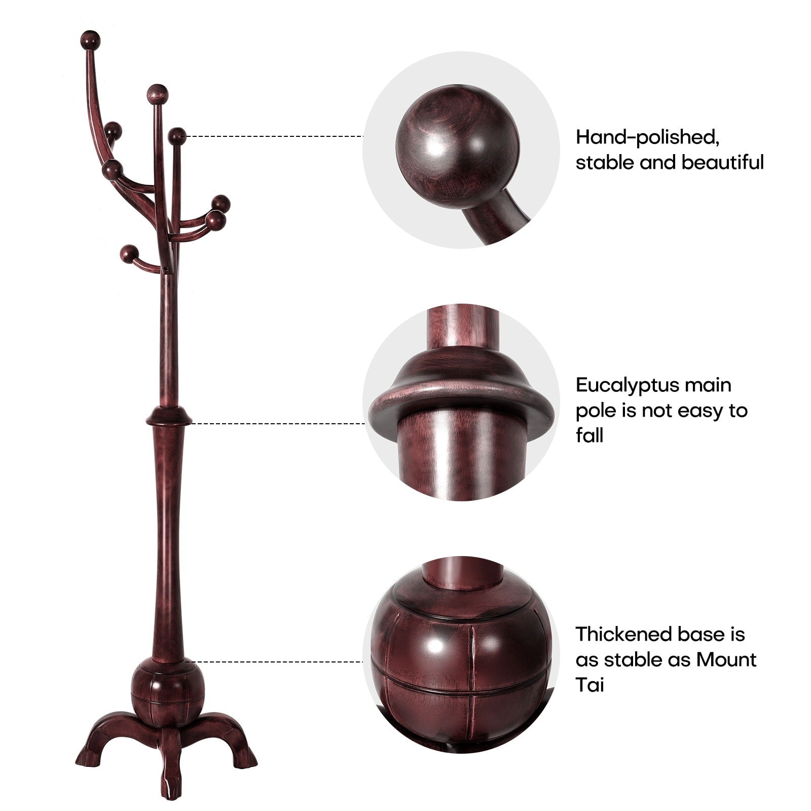 Tree-branch Rubberwood Freestanding Coat Rack with 8 Hooks - 24.5W x 70.87H