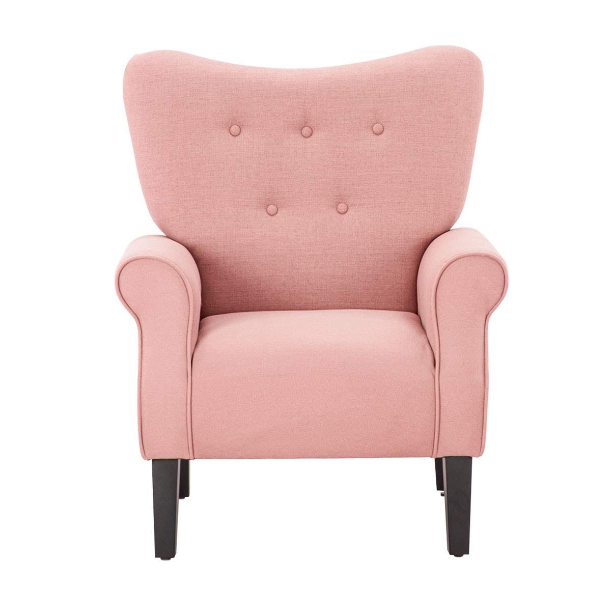 Erommy Modern Accent Chair, High Back Armchair, Upholstered Fabric Button Single Sofa with Wooden Legs for Living Room