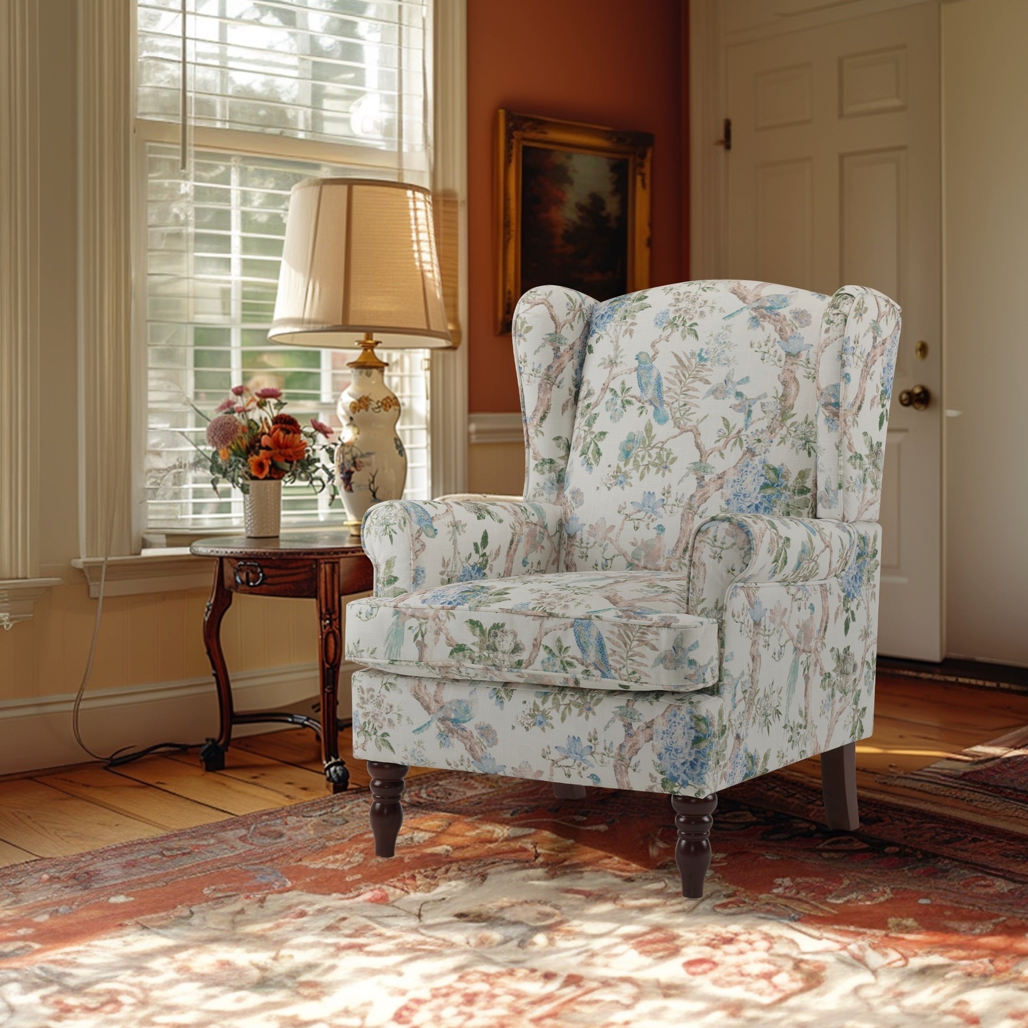 Erommy Modern Accent Chair, High Back Armchair, Upholstered Fabric Button Single Sofa with Wooden Legs for Living Room