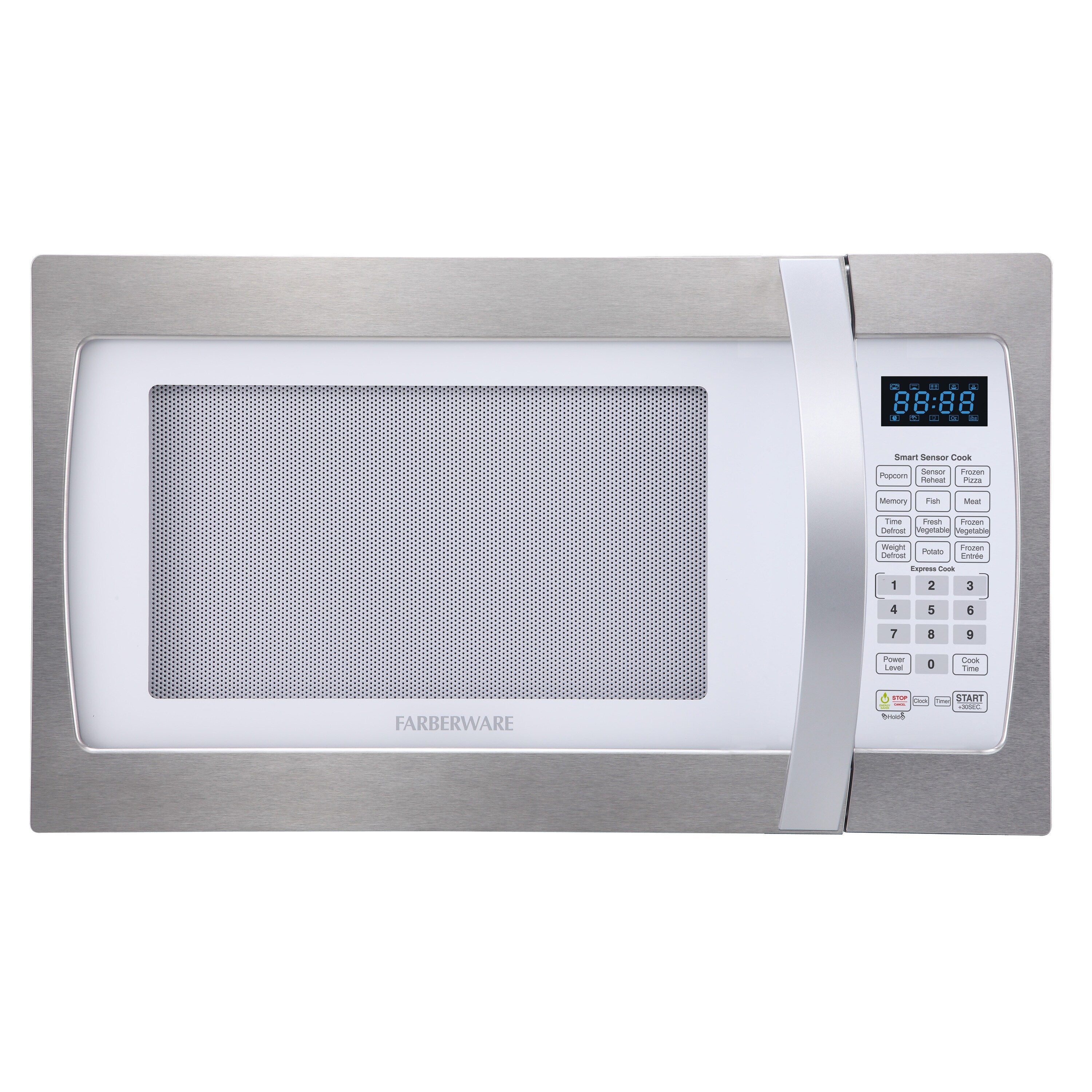 Farberware Professional 1.3 Cu. Ft. 1100-Watt Microwave Oven with Smart Sensor Cooking, White and Platinum