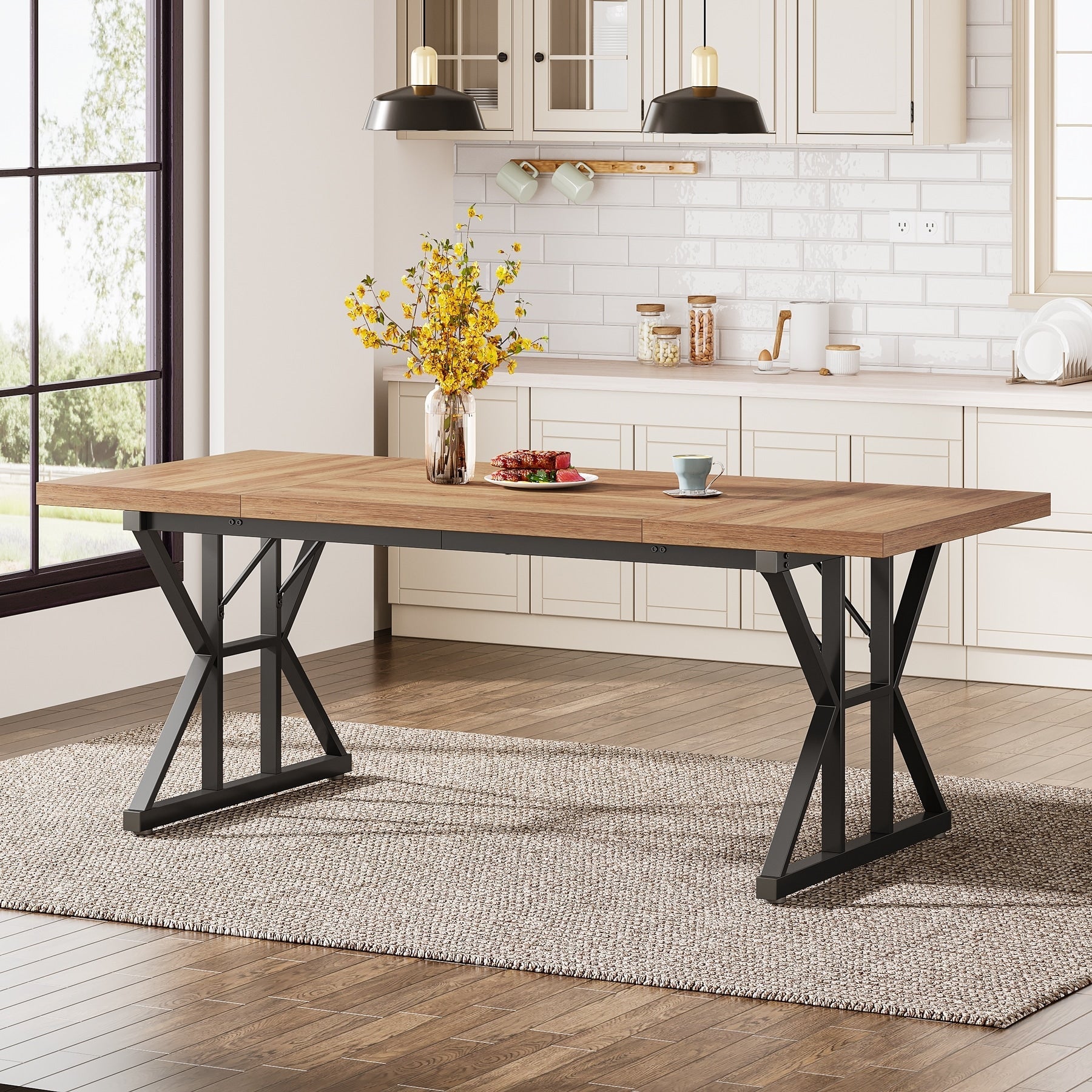 Farmhouse Dining Table for 6 People, 70.8-Inch Rectangular Wood Kitchen Table