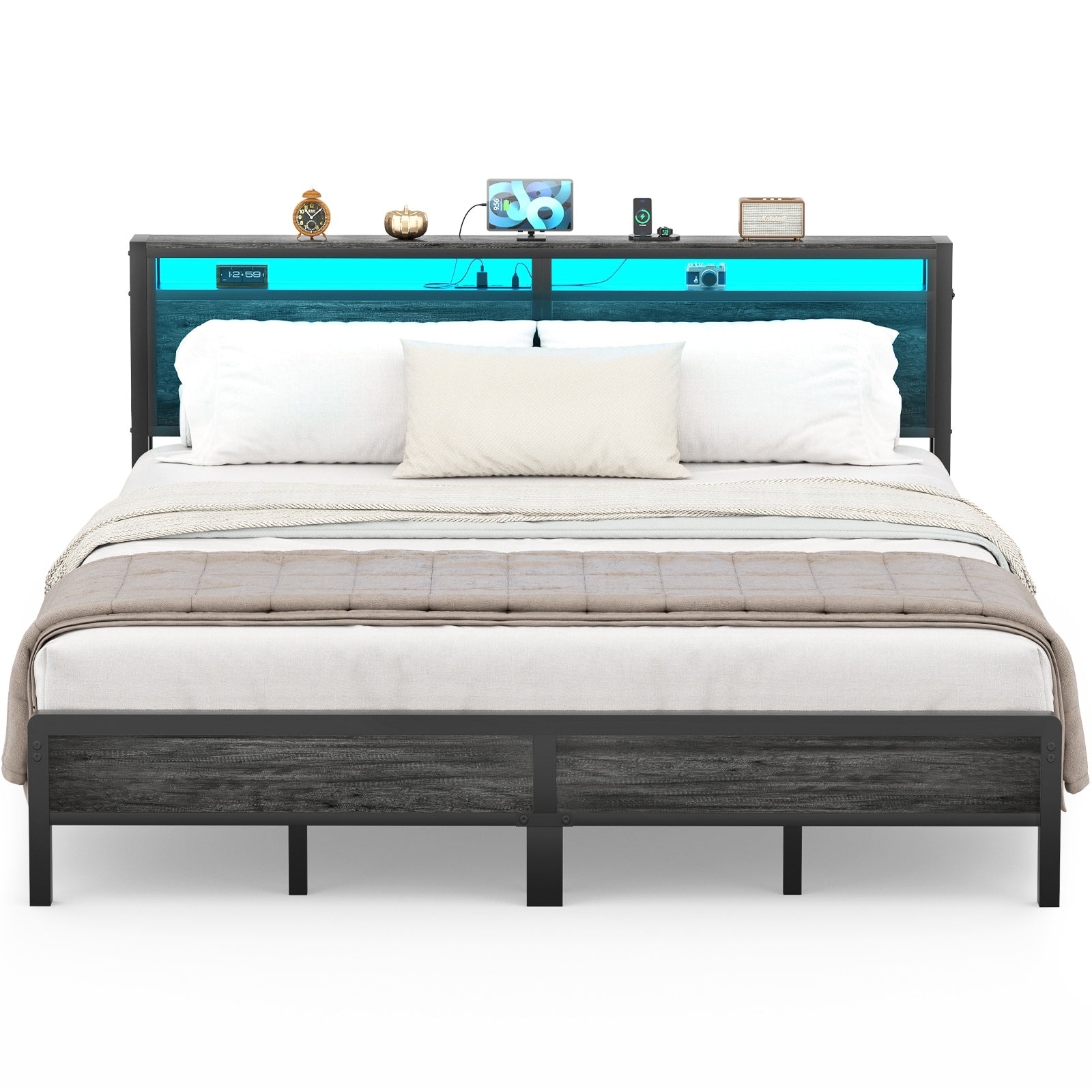 Farmhouse Wood Platform Bed Frame with Charged Station and LED Lights