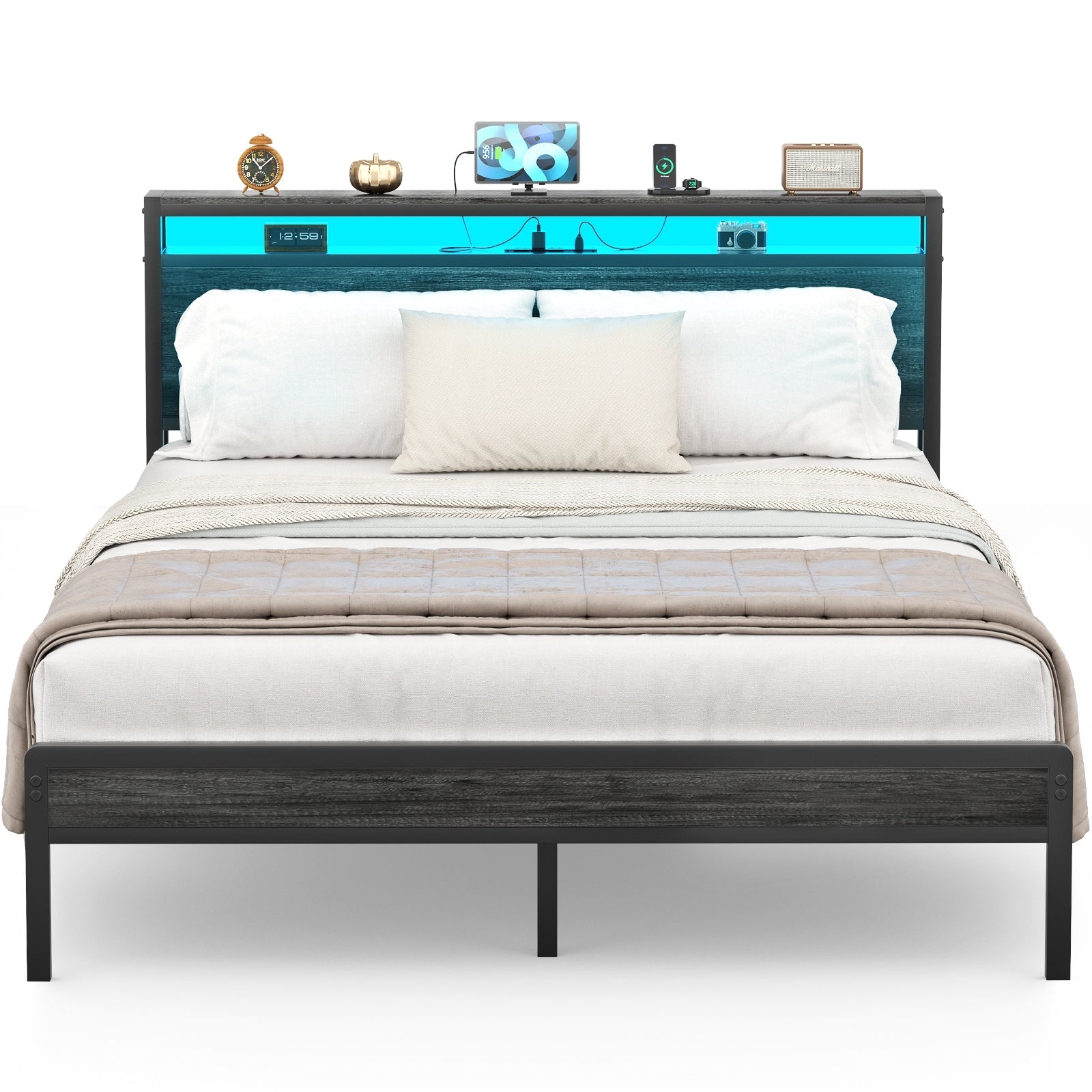 Farmhouse Wood Platform Bed Frame with Charged Station and LED Lights