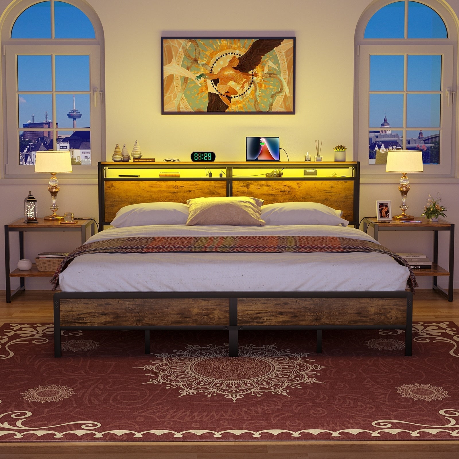 Farmhouse Wood Platform Bed Frame with Charged Station and LED Lights