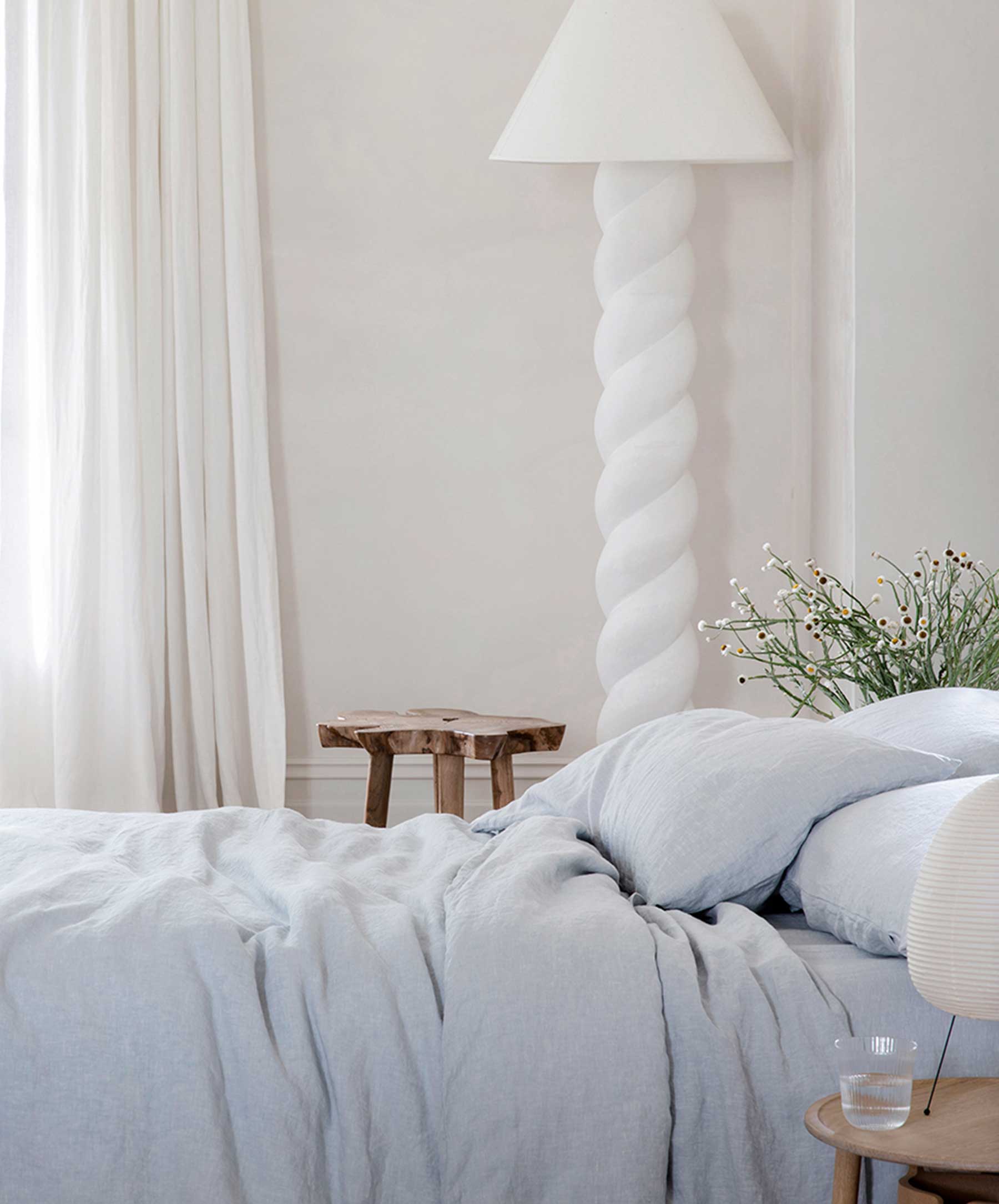 Linen Flat Sheet with Border - Sky
