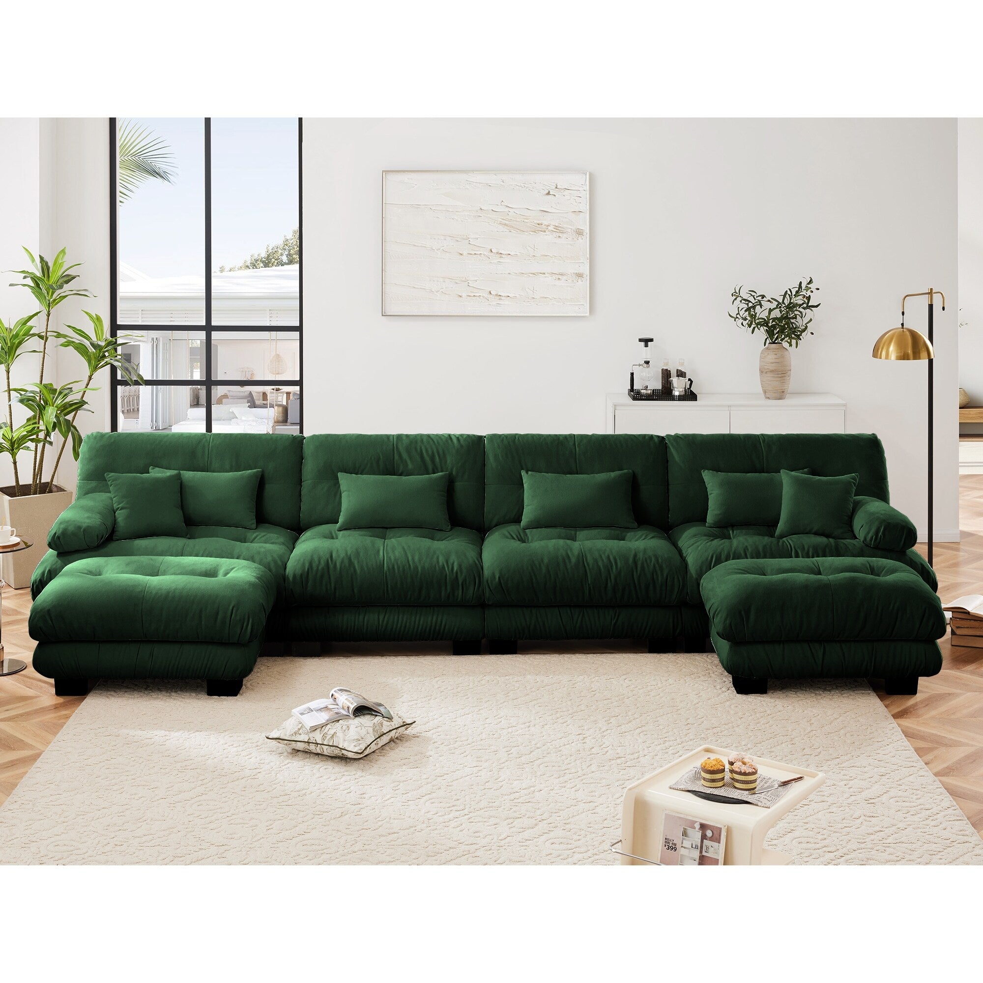 Free Combination Modular Chenille 4-Seater Sectional Sofa with 2 Ottomans and Pillow for Living Room
