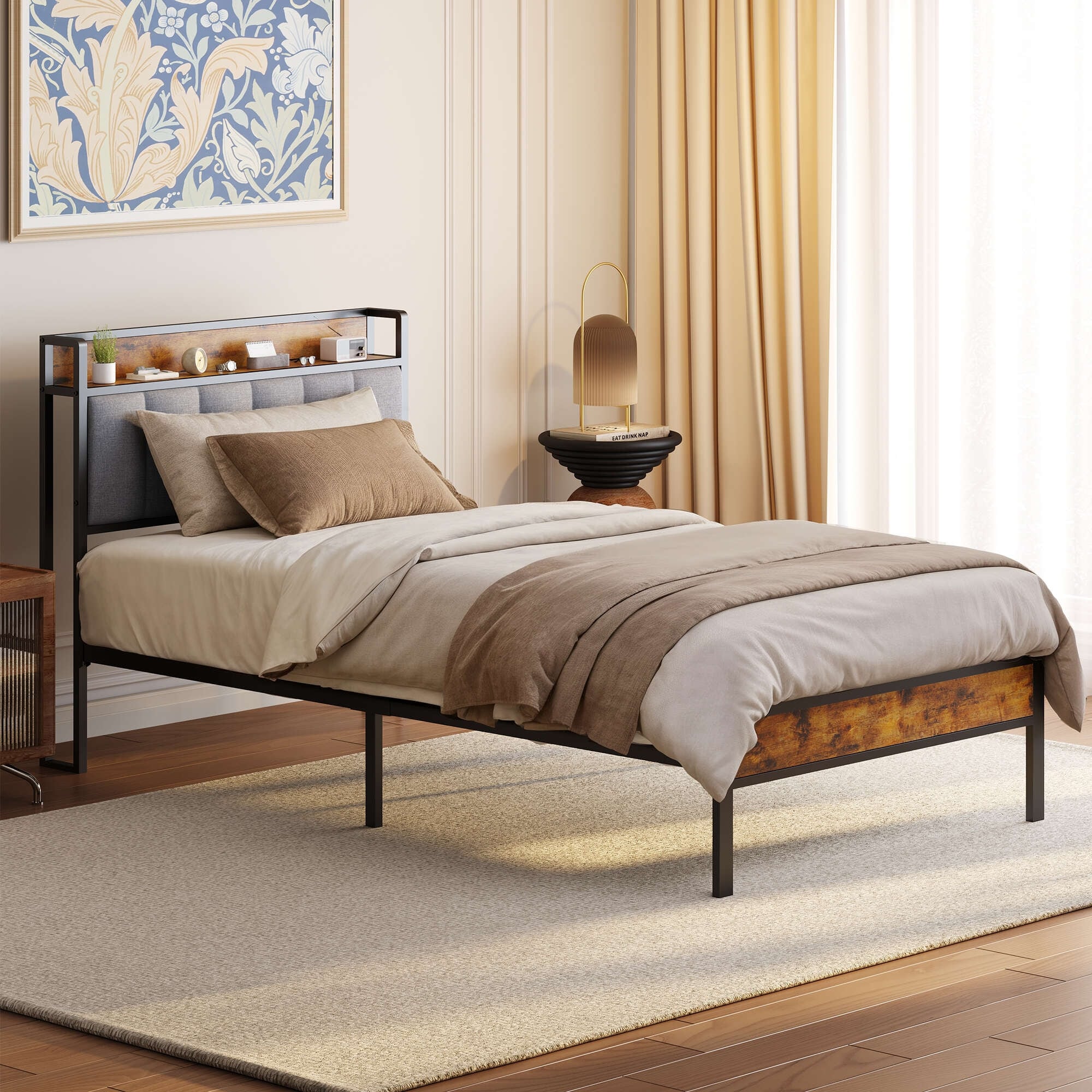 Twin / Full / Queen / King Size Metal Platform Bed Frame with Upholstered Storage Headboard