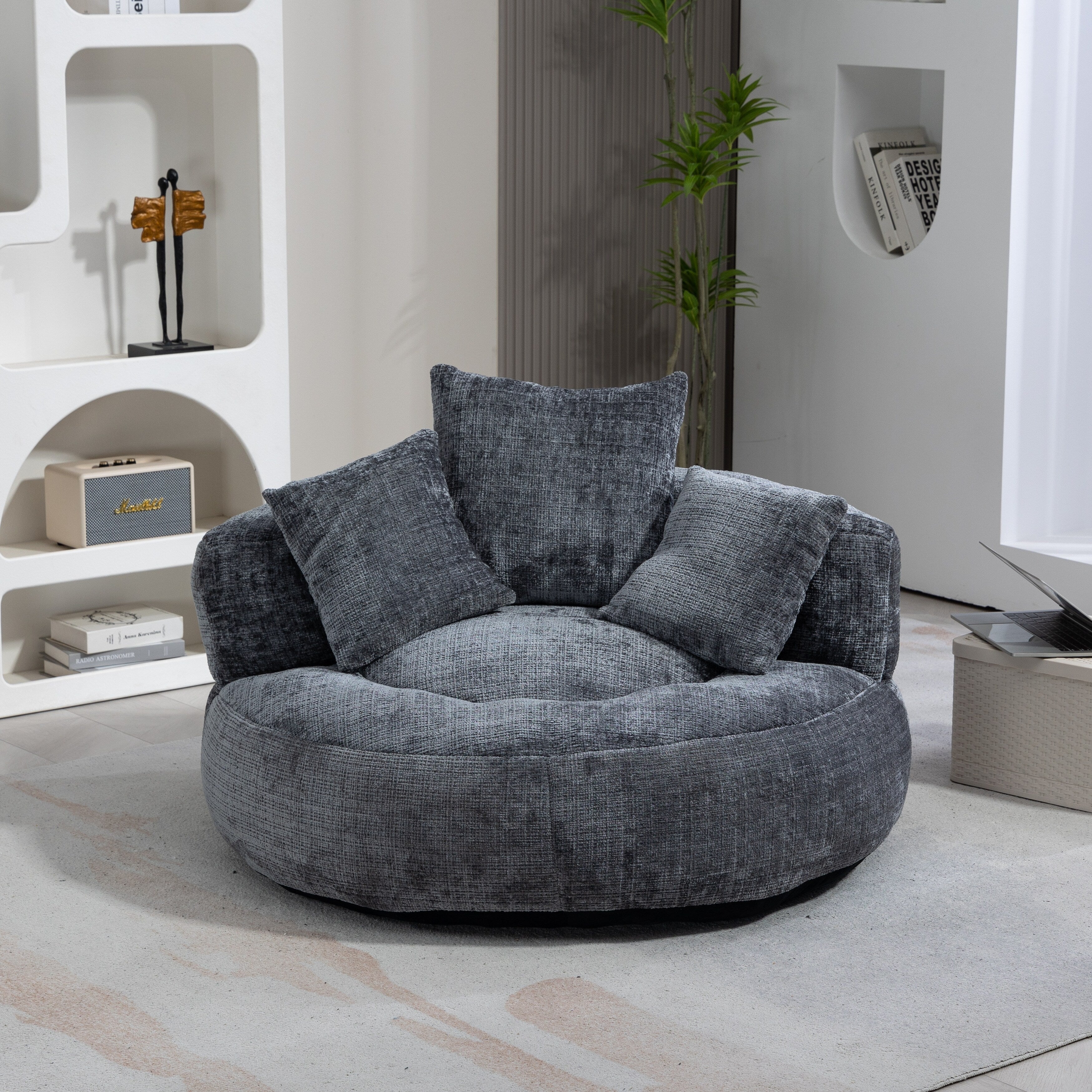 Gray Oversized 42.52 Chenille Lazy Bean Bag Single Sofa with Three Pillows for Bedroom
