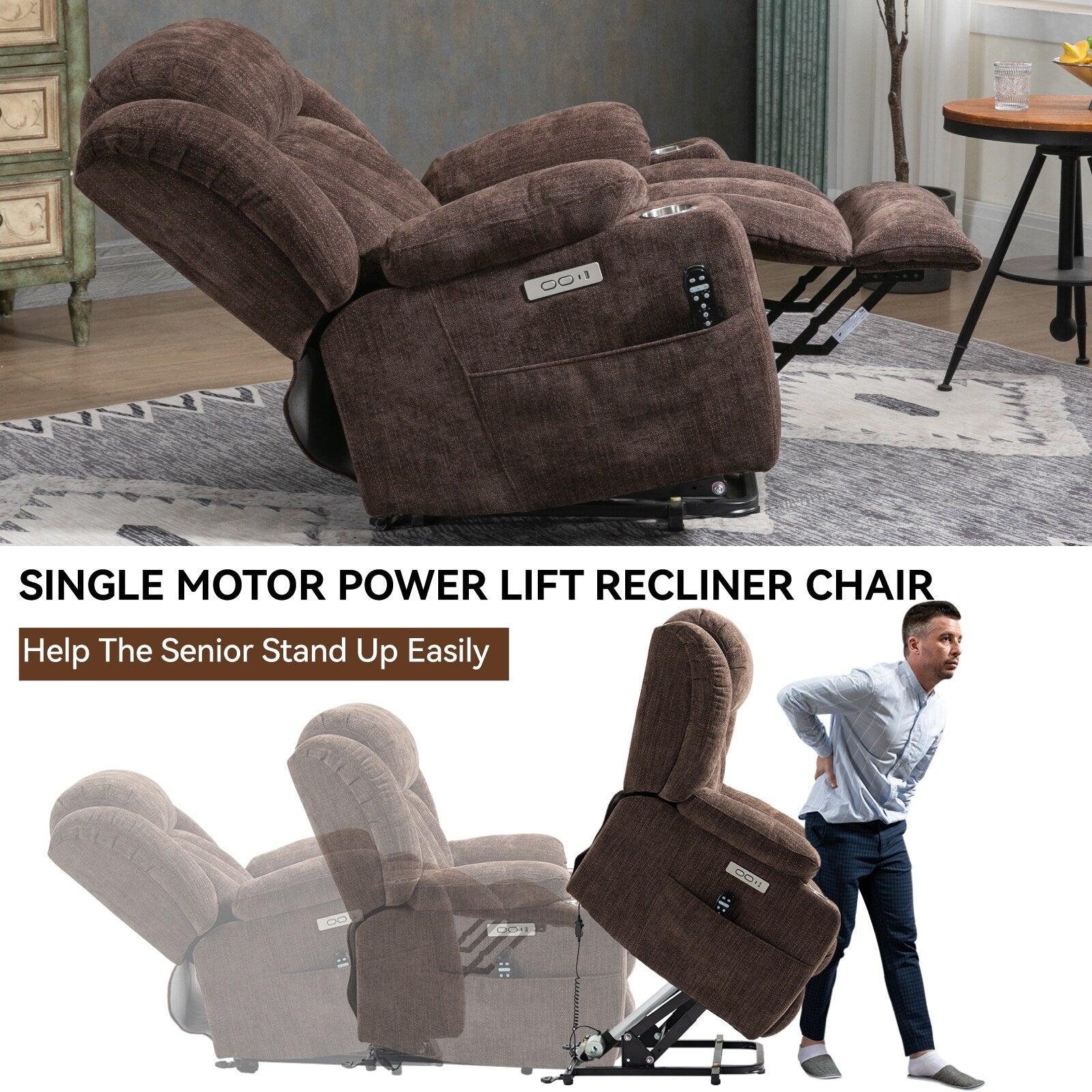 Grey Chenille Power Lift Recliner with Massage, Lumbar Heating, USB & Type-C Ports, and Stainless Steel Drink Holders