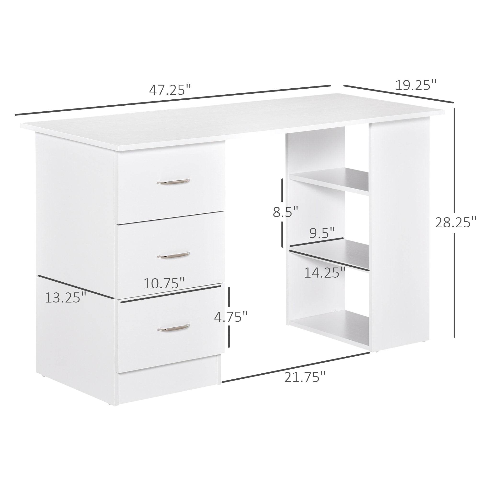 HOMCOM 47 Modern Home Office Computer Desk Bookcase Combo Writing Table Workstation with 3 Drawer and Storage Shelf - White