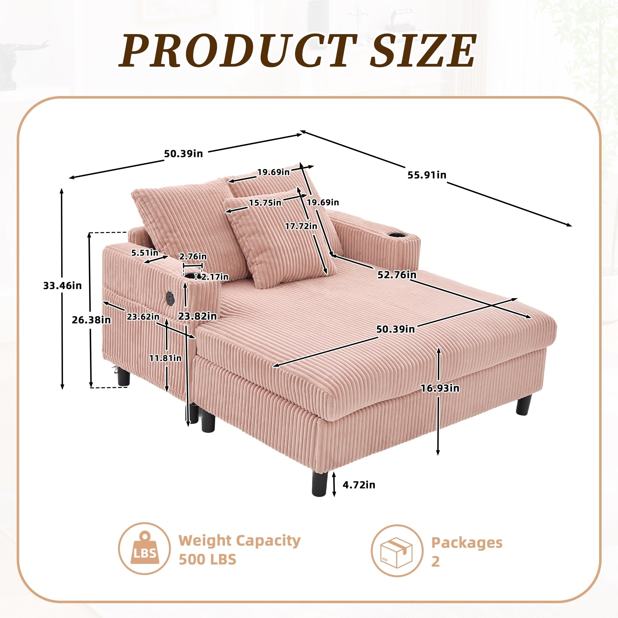 HOMEFUN Corduroy Upholstered Oversized RGB LED Light Recliner Sofa Bed with Cup Holder,USB&3 Pillows