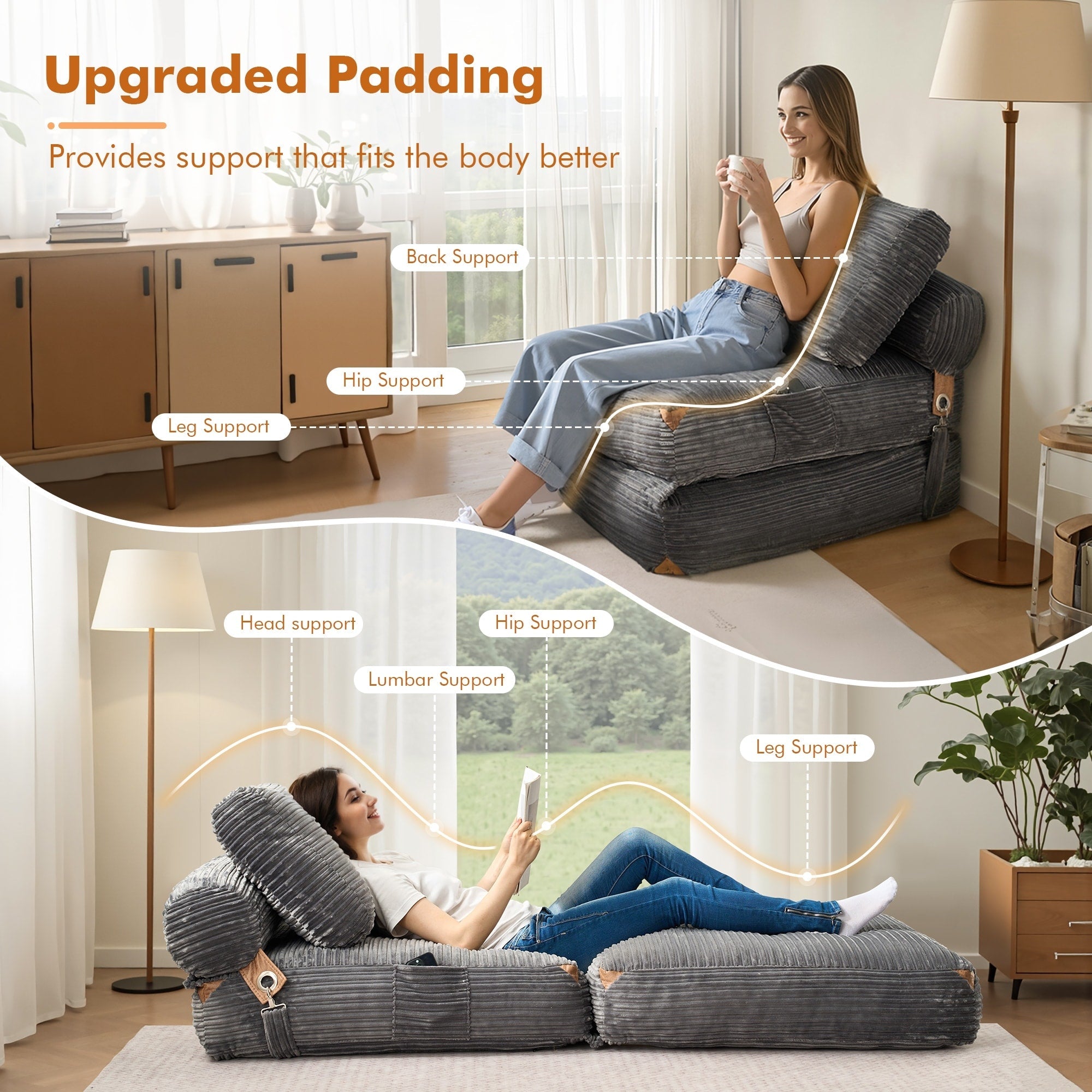 HOOOWOOO Modern Corduroy Fabric Folding Sofa Couch