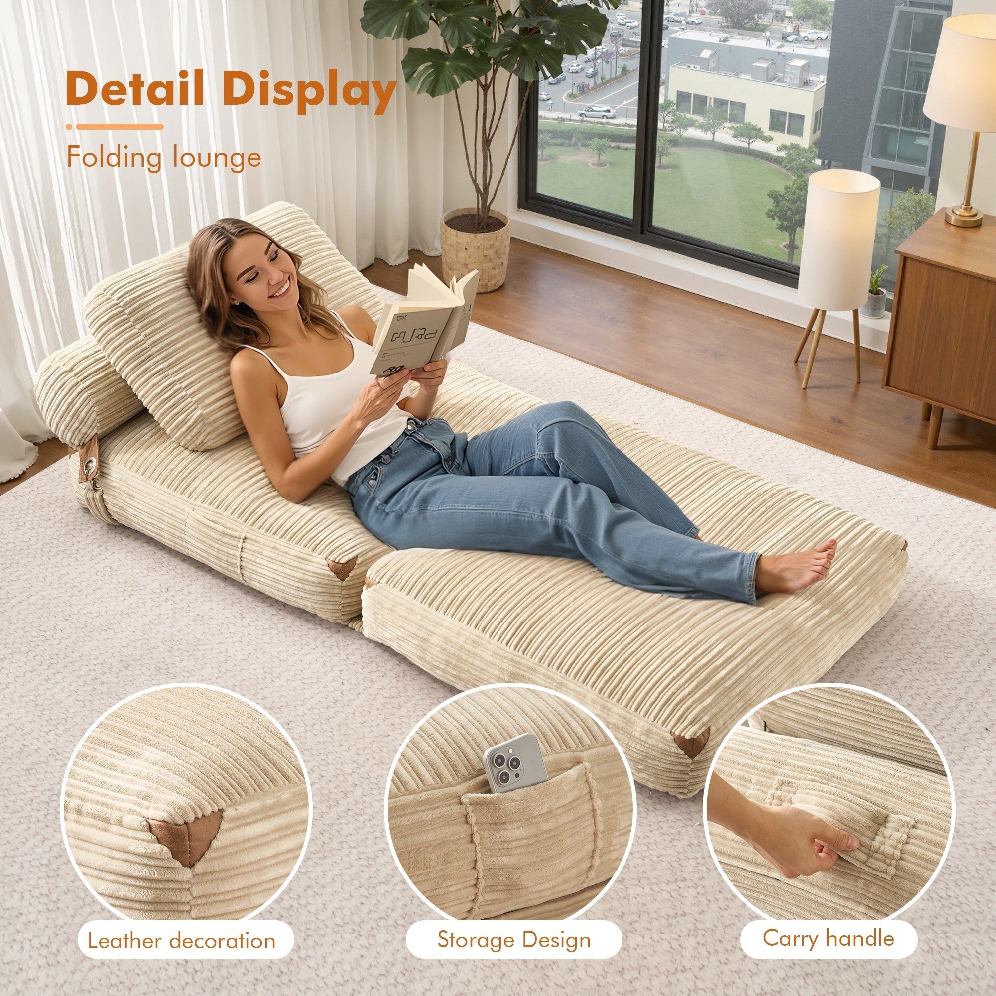 HOOOWOOO Modern Corduroy Fabric Folding Sofa Couch