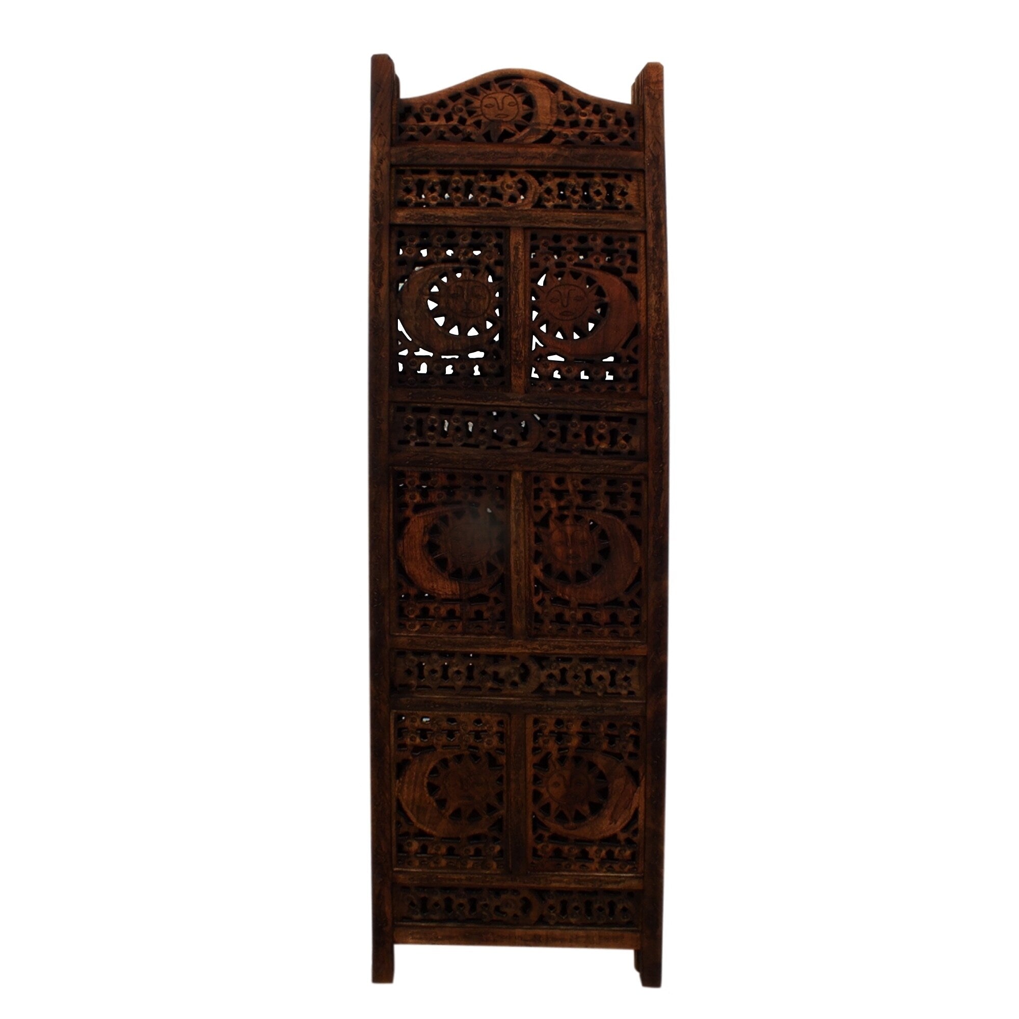 Hand Carved Sun And Moon Design Foldable 4 Panel Wooden Room Divider, Brown