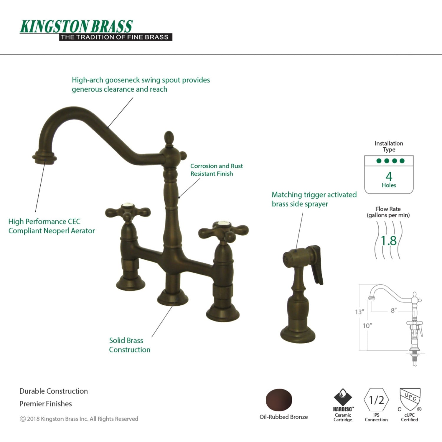 Heritage Bridge Kitchen Faucet with Brass Sprayer
