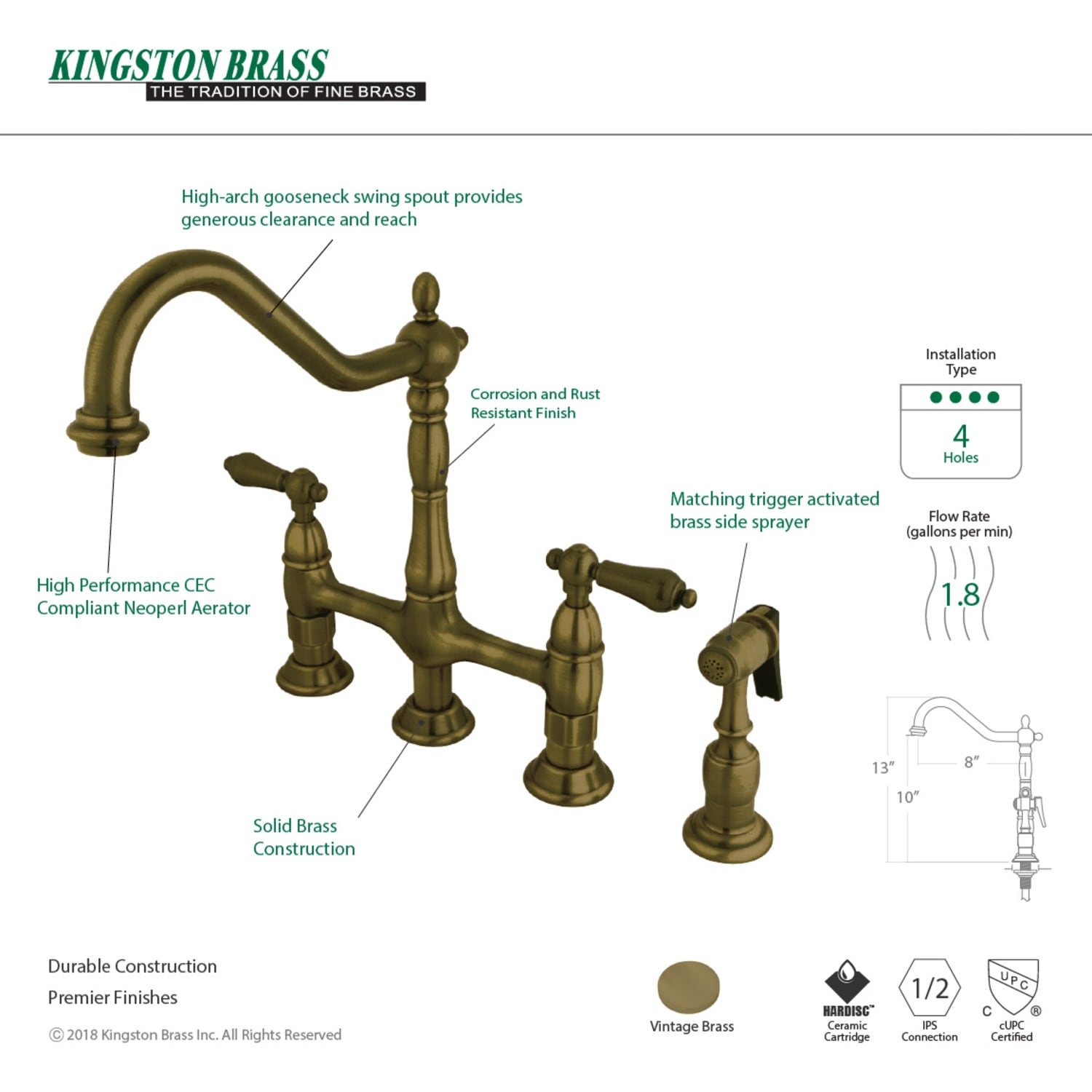 Heritage Bridge Kitchen Faucet with Brass Sprayer