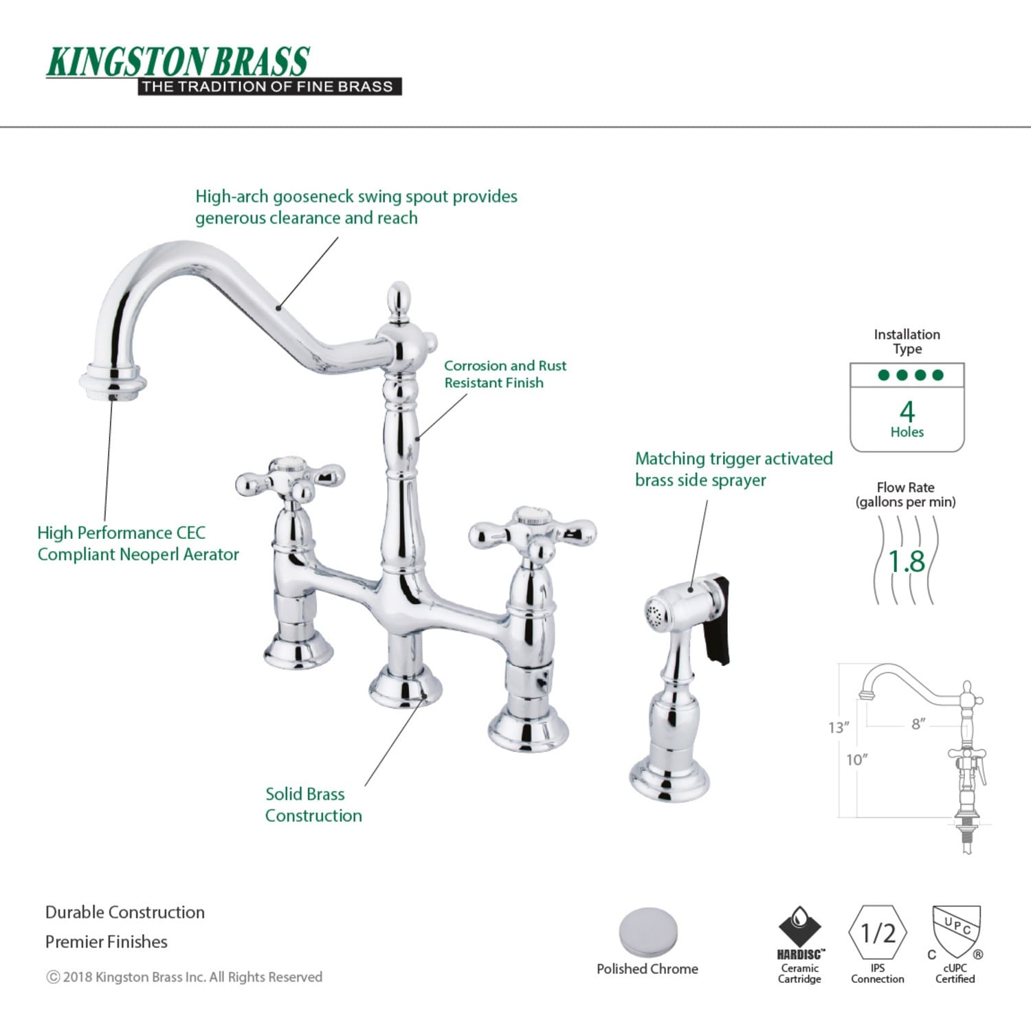 Heritage Bridge Kitchen Faucet with Brass Sprayer