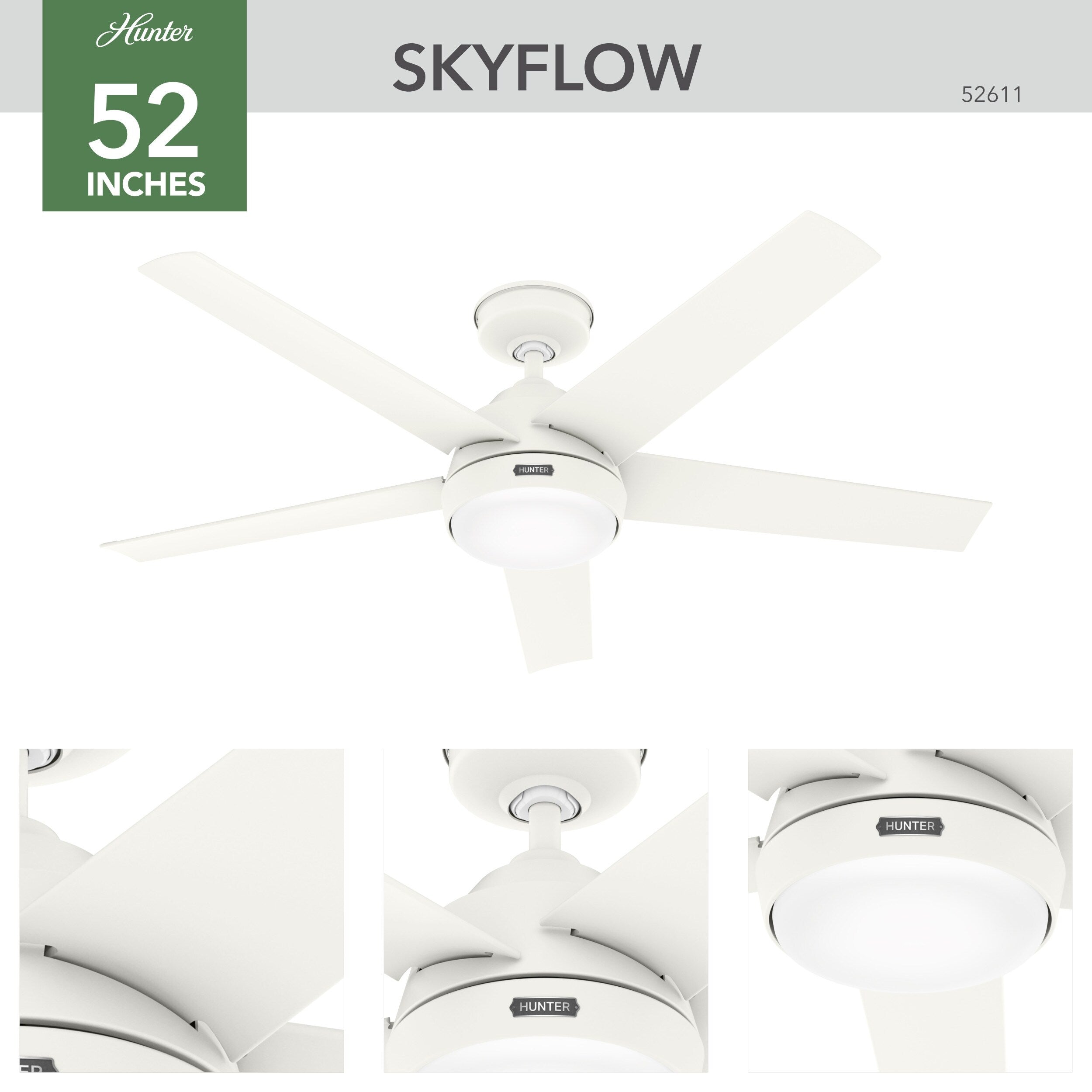 Hunter 52 Skyflow Outdoor Ceiling Fan w/ LED Light Kit, Wall Control - Coastal Modern Contemporary - WeatherMax - WET-RATED!