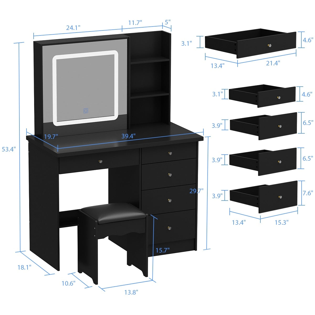 Kerrogee Makeup Vanity Set with Adjustable Lighted Mirror & Stool - 39.4L x 19.7W x 53.5H