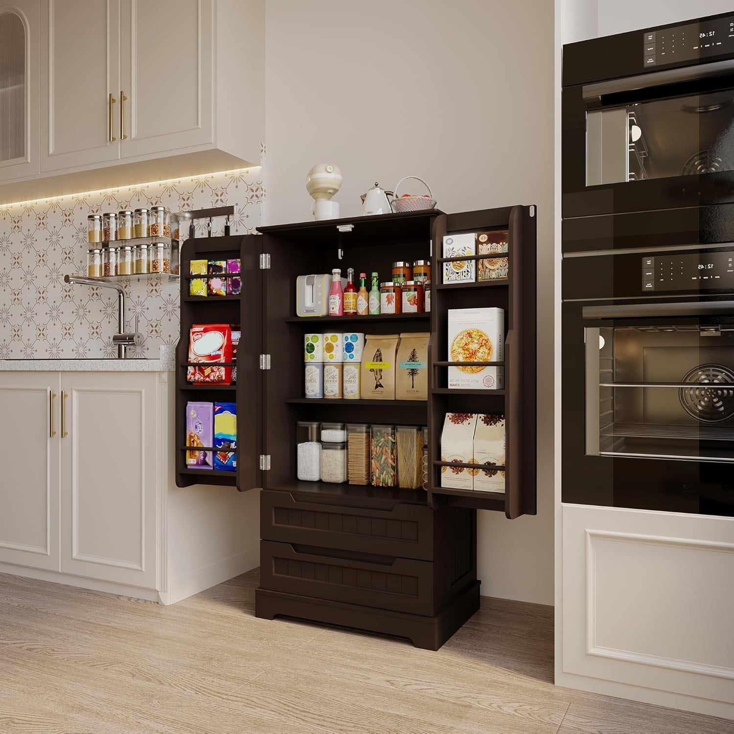 Kitchen Storage Pantry Cabinet, Freestanding Bathroom Storage Cabinet with 2 Doors and Drawers