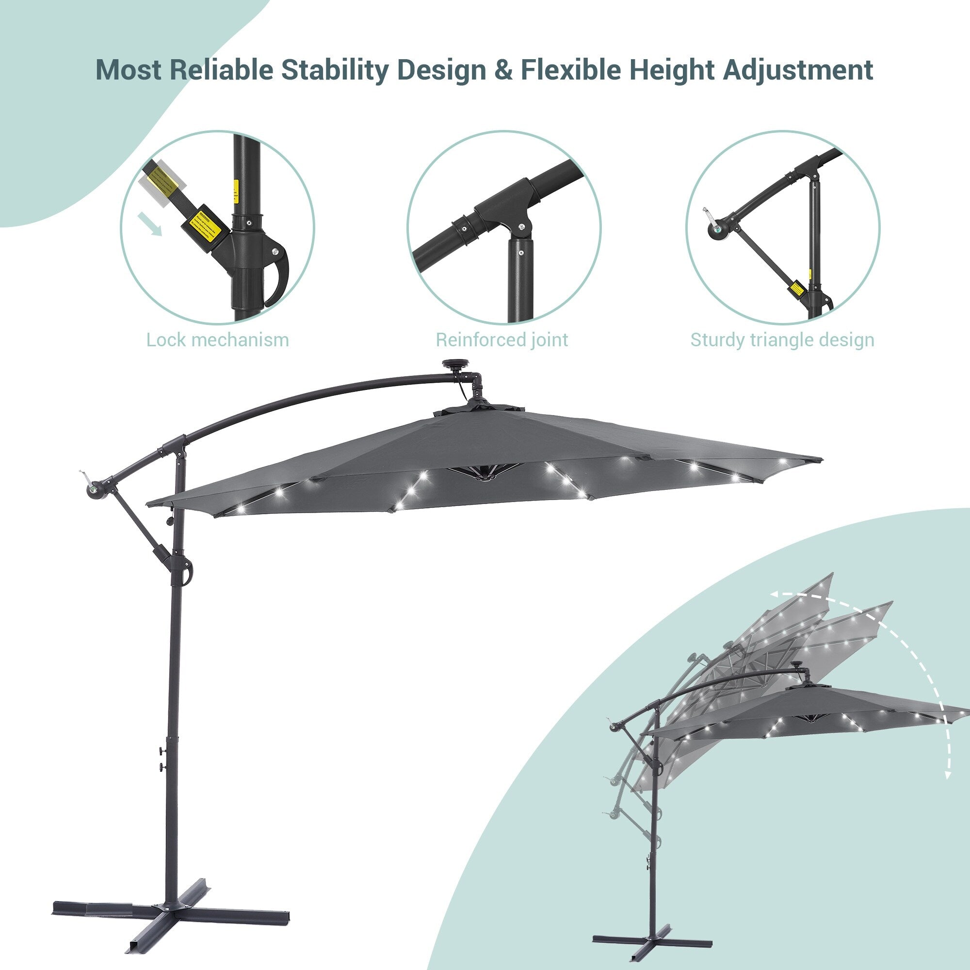 LIVOOSUN 10ft LED Patio Offset Umbrella With Cross Base