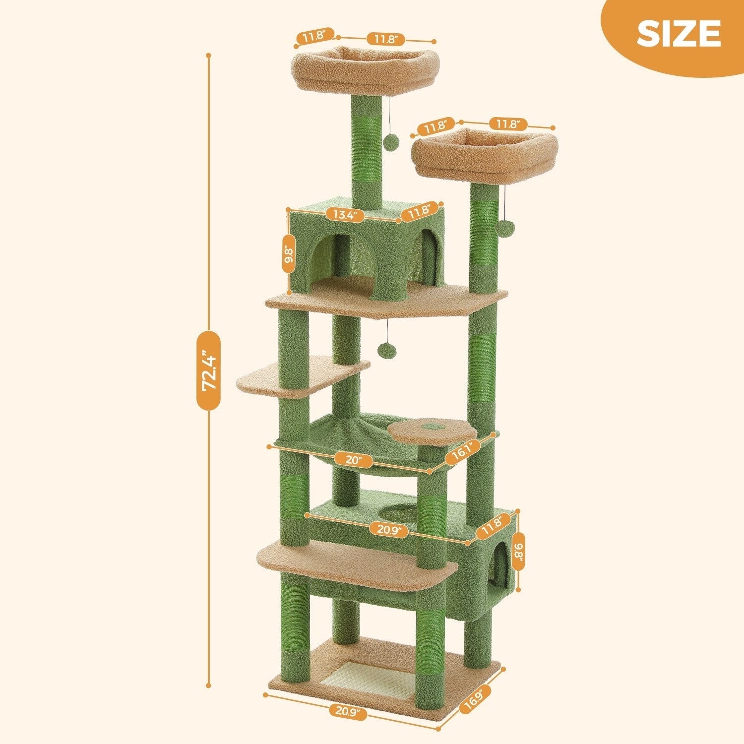 Large Cat Tower Cat Condo with Scratching Posts and Pads, 2 Padded Perch, Dual Condo and Basket