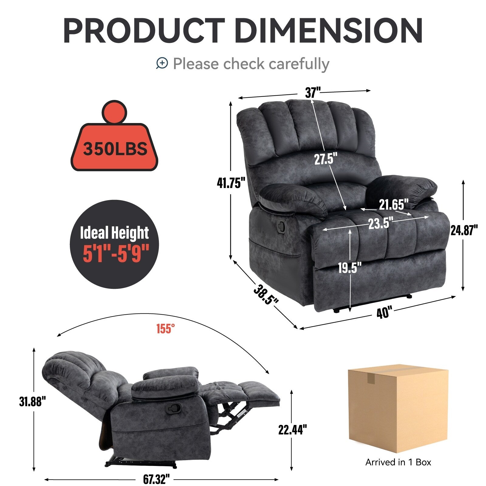 Large Manual Recliner Chair for Adult, Comfortable Fabric Single Recliner Sofa, Overstuffed Reclining Chair for Living Room