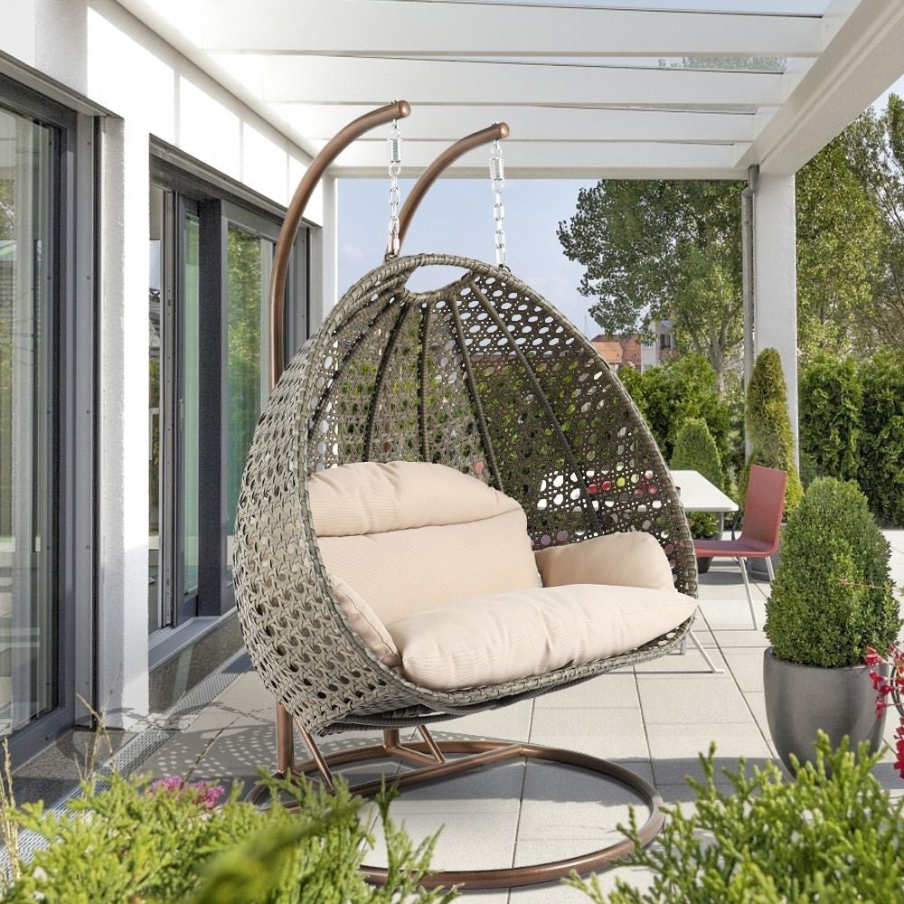 LeisureMod 2 Person Hanging Egg Chair with Stand - Outdoor/Indoor Rattan Wicker Patio Swing Hammock Lounger with Cushions