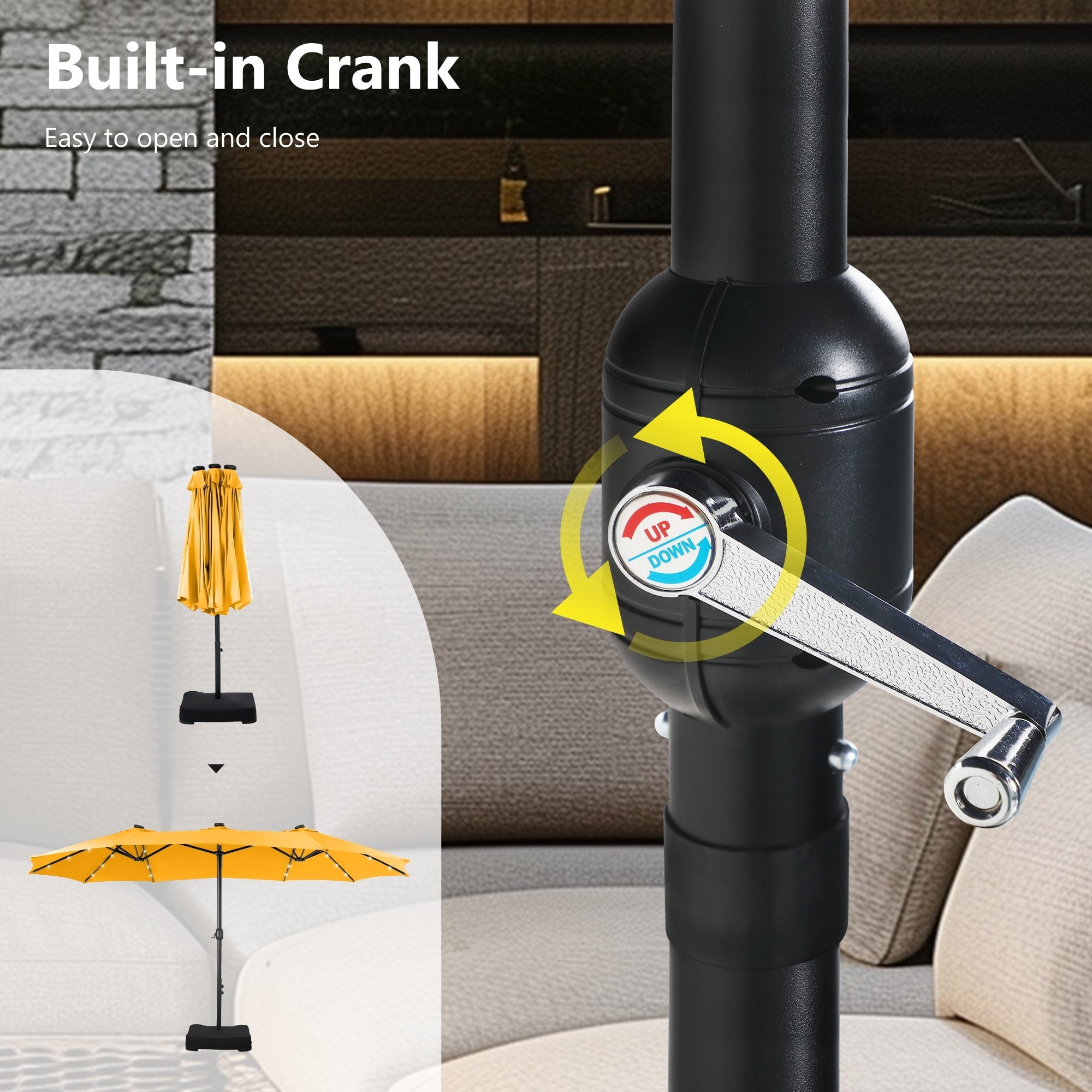 MAISON ARTS 15-foot Rectangular Crank Double-sided Outdoor Market Umbrella Solar LED Lighted Patio Umbrella with Base Included