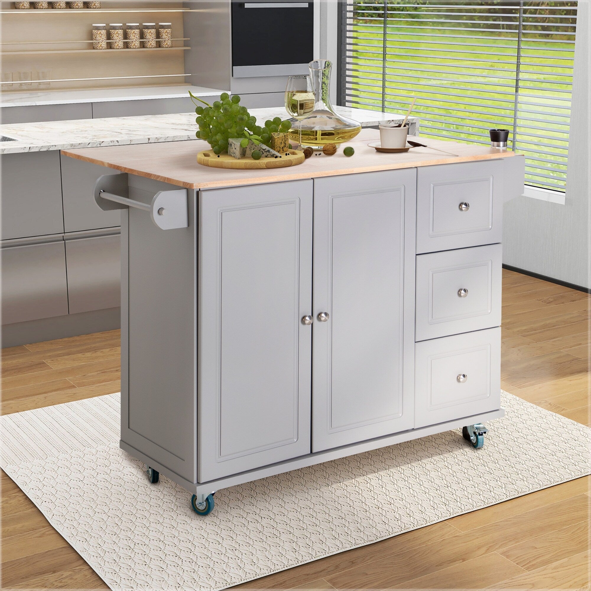 Sophia & William Kitchen Island Cart with Drop-Leaf and Rubber Wood Top, Rolling Kitchen Trolley Cart with Large Storage Cabinet