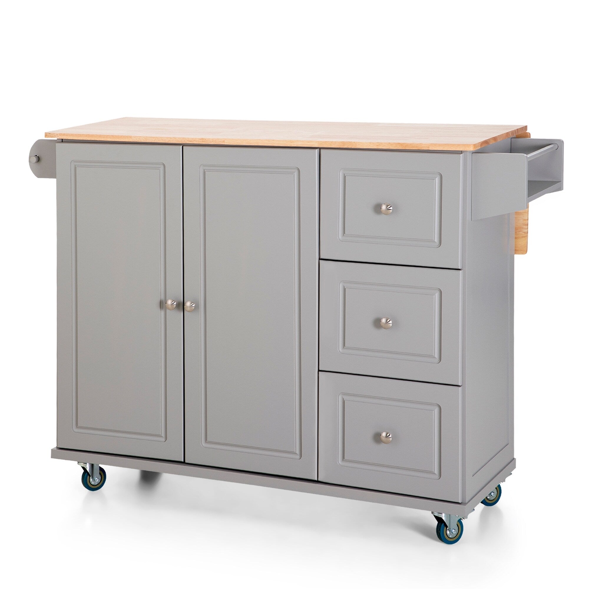 Sophia & William Kitchen Island Cart with Drop-Leaf and Rubber Wood Top, Rolling Kitchen Trolley Cart with Large Storage Cabinet