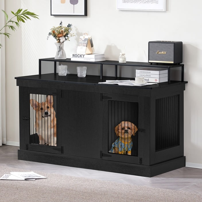 Mcombo Large Dog Crate Furniture TV Stand,Wooden Dog Kennel with Double Doors 1861