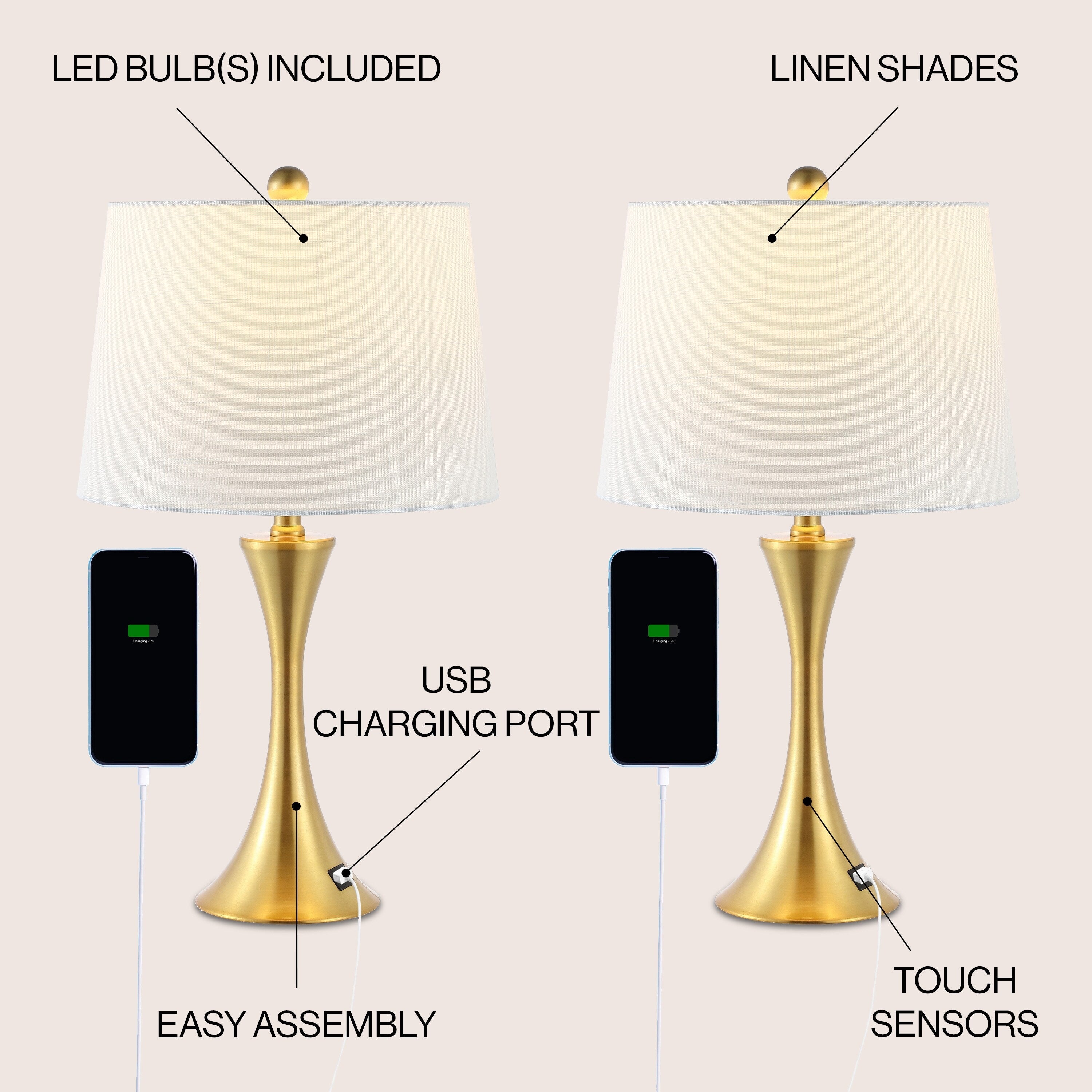 Makena 22.75 Modern Glam Iron Hourglass LED Table Lamp with USB Charging Port, (Set of 2) by JONATHAN Y