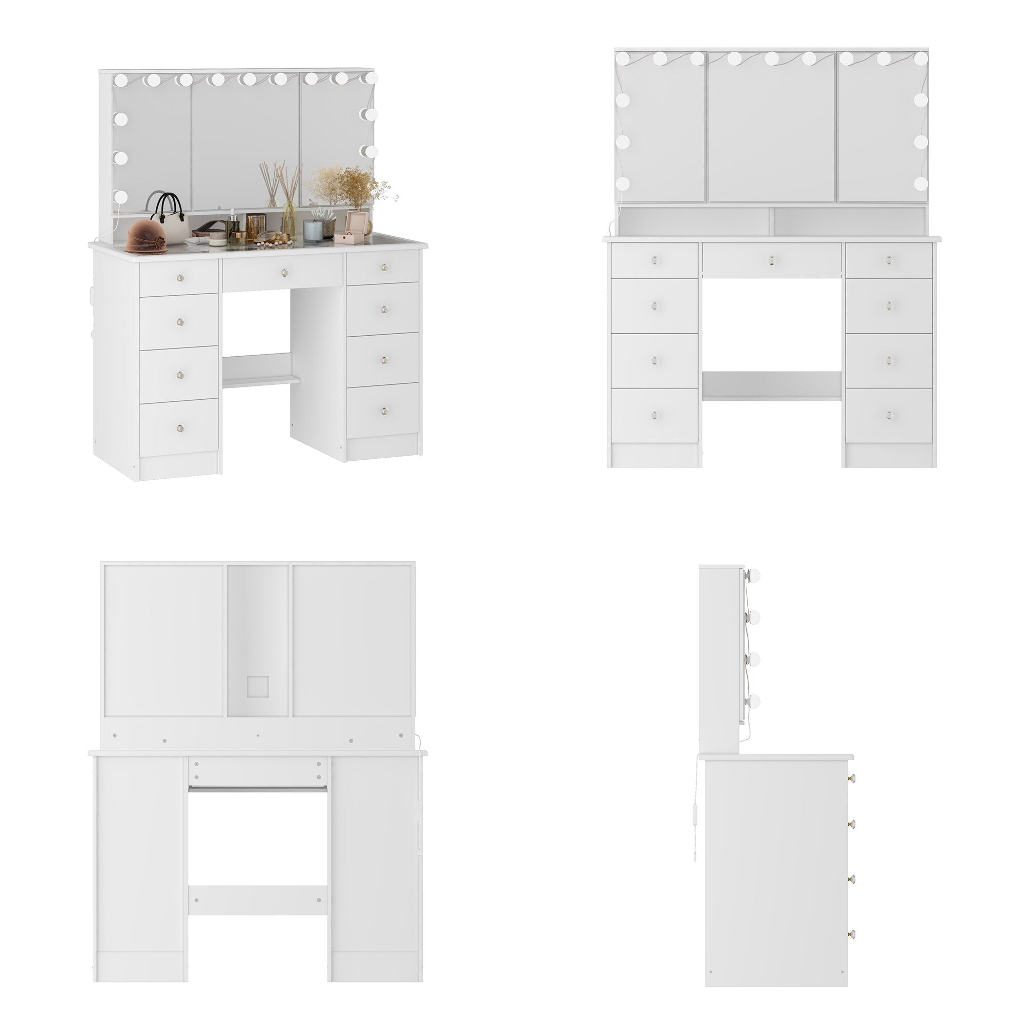 Makeup Vanity w/Tri-Fold Mirror Certified Lighting Glass Top Dresser