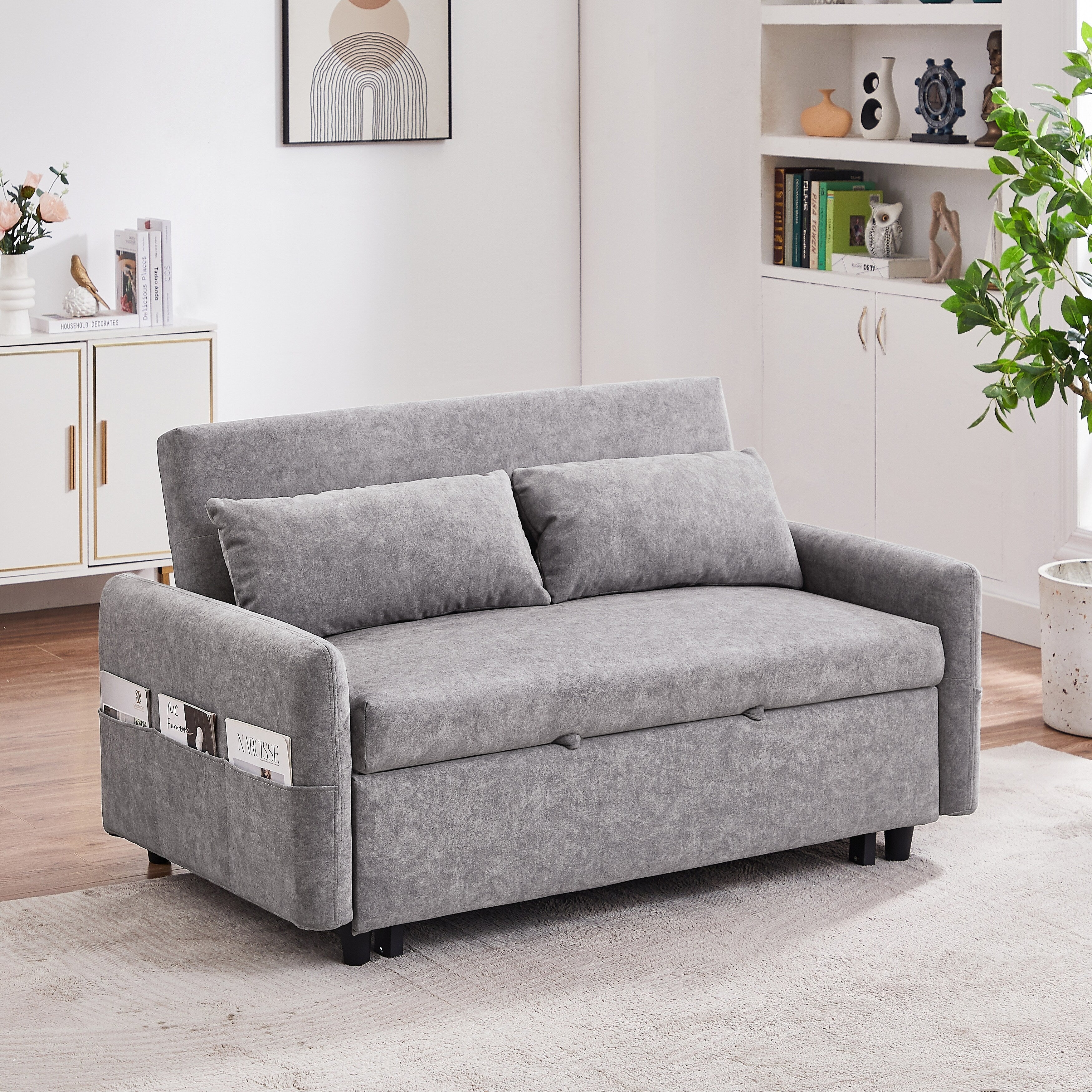 Modern 2 Seat Couch, Microfiber Pull Out Sleep Sofa Bed wih Adjsutable Backrest, Storage Pockets, 2 Soft Pillows, USB Ports