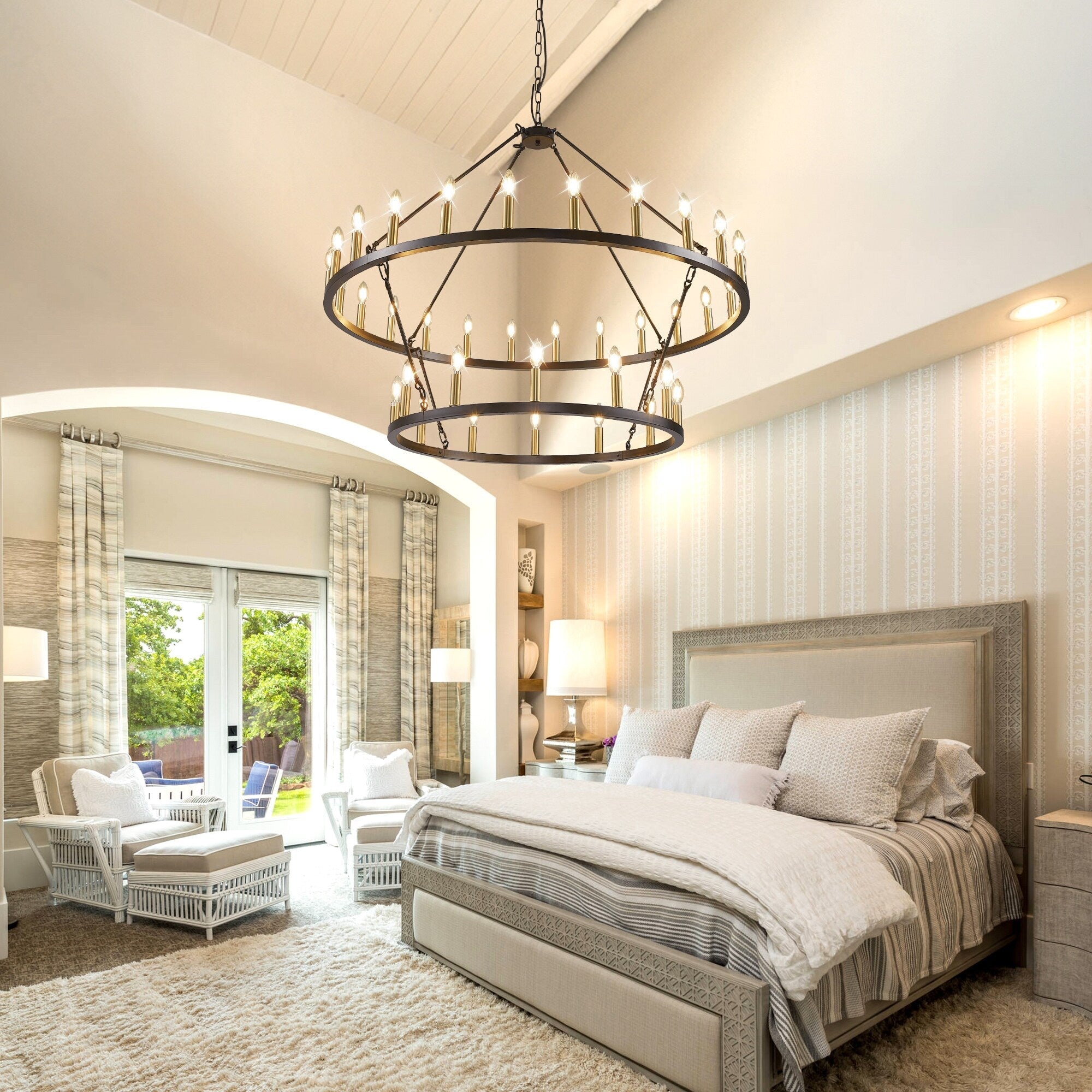 Modern Farmhouse Chandelier 2 Tier Round Wagon Wheel Chandelier Large High Ceiling Light.