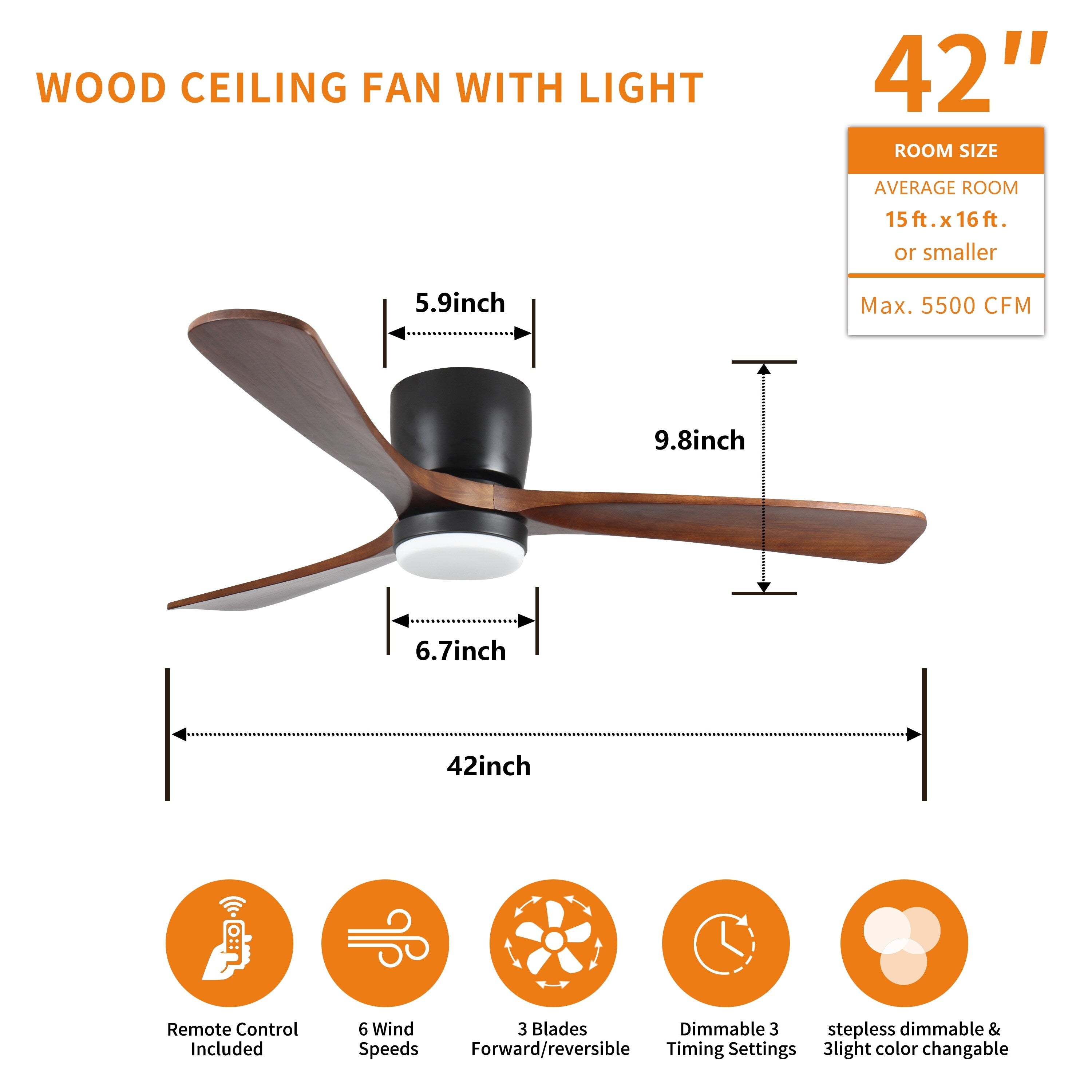 Modern Flush Mount Chandelier Ceiling Fans with Dimmable LED Light & Remote, Livingroom 42 Reversible Motor Ceiling Fans, Black