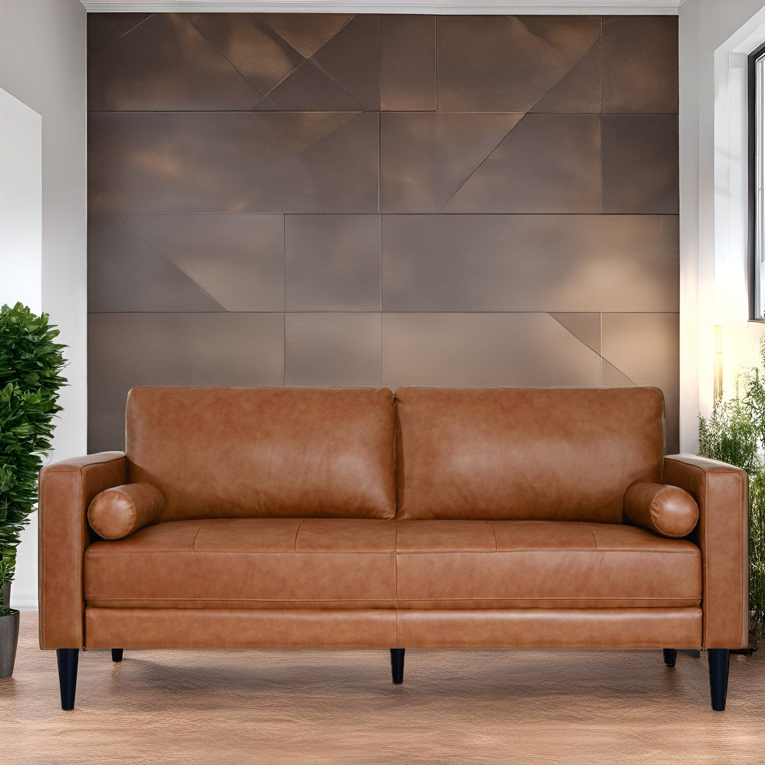 Modern Genuine Leather Sofa with Wooden Legs & Additional Bolster Pillow