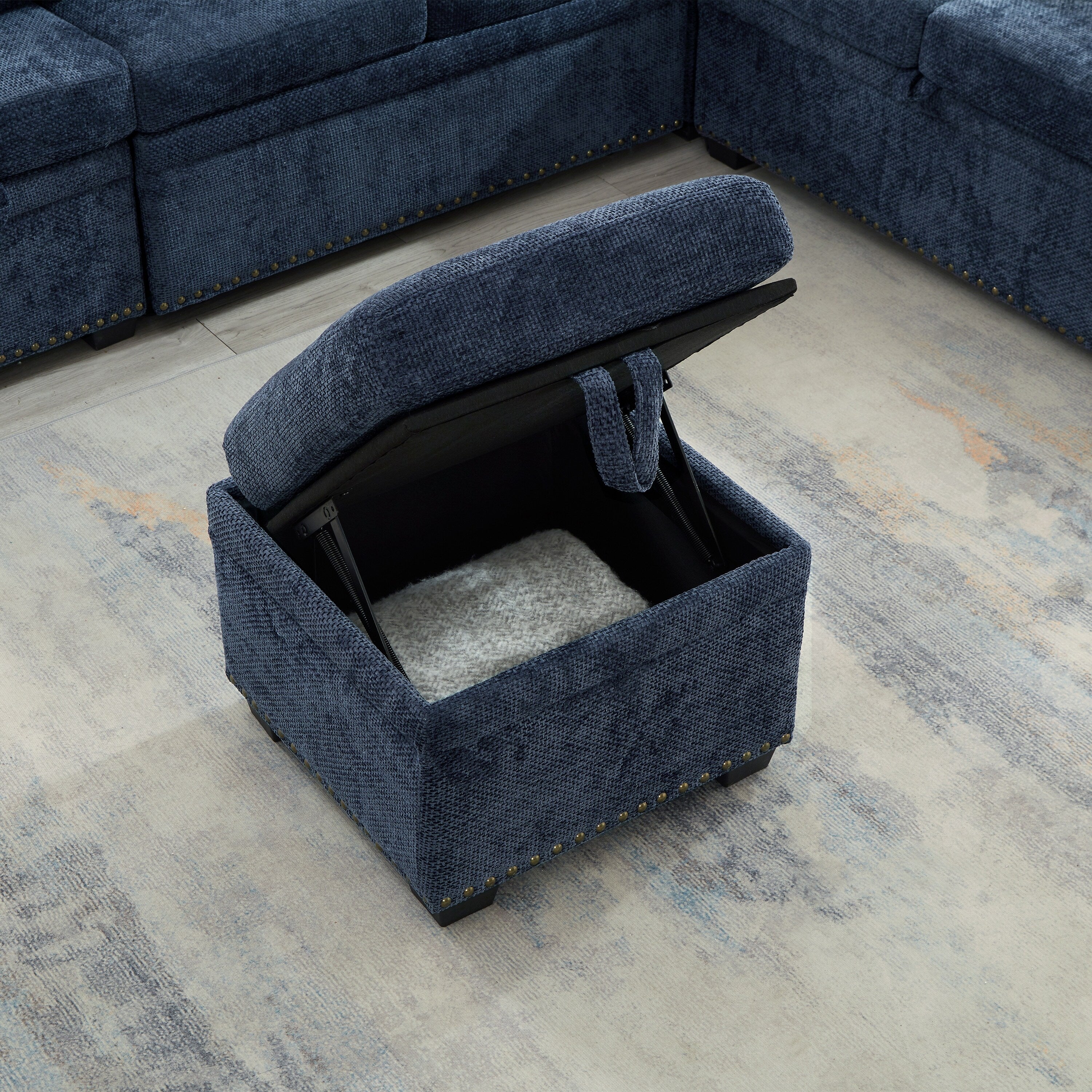 Modern L-Shaped Chenille Sectional Sofa with Pull-Out Sleeper, Storage Seats, Ottoman and 2 Pillows for Living Room