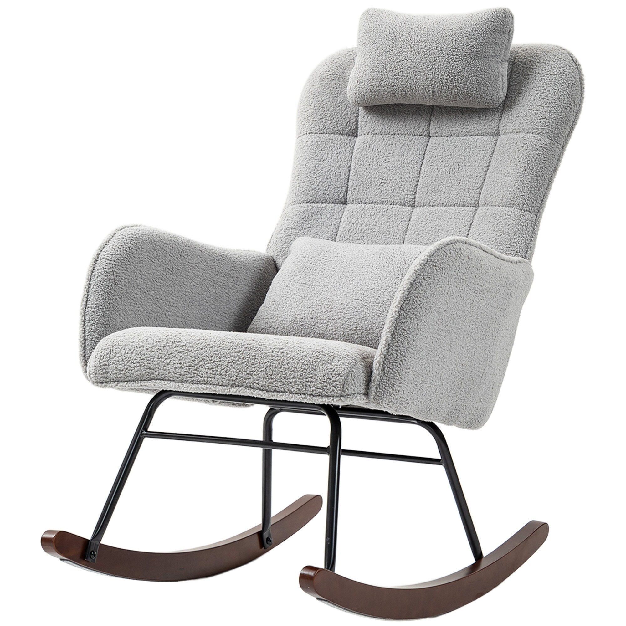 Modern Upholstered Rocking Nursery Glider Chair with High Backrest, Headrest and Lumbar Pillow for Living Room or Bedroom
