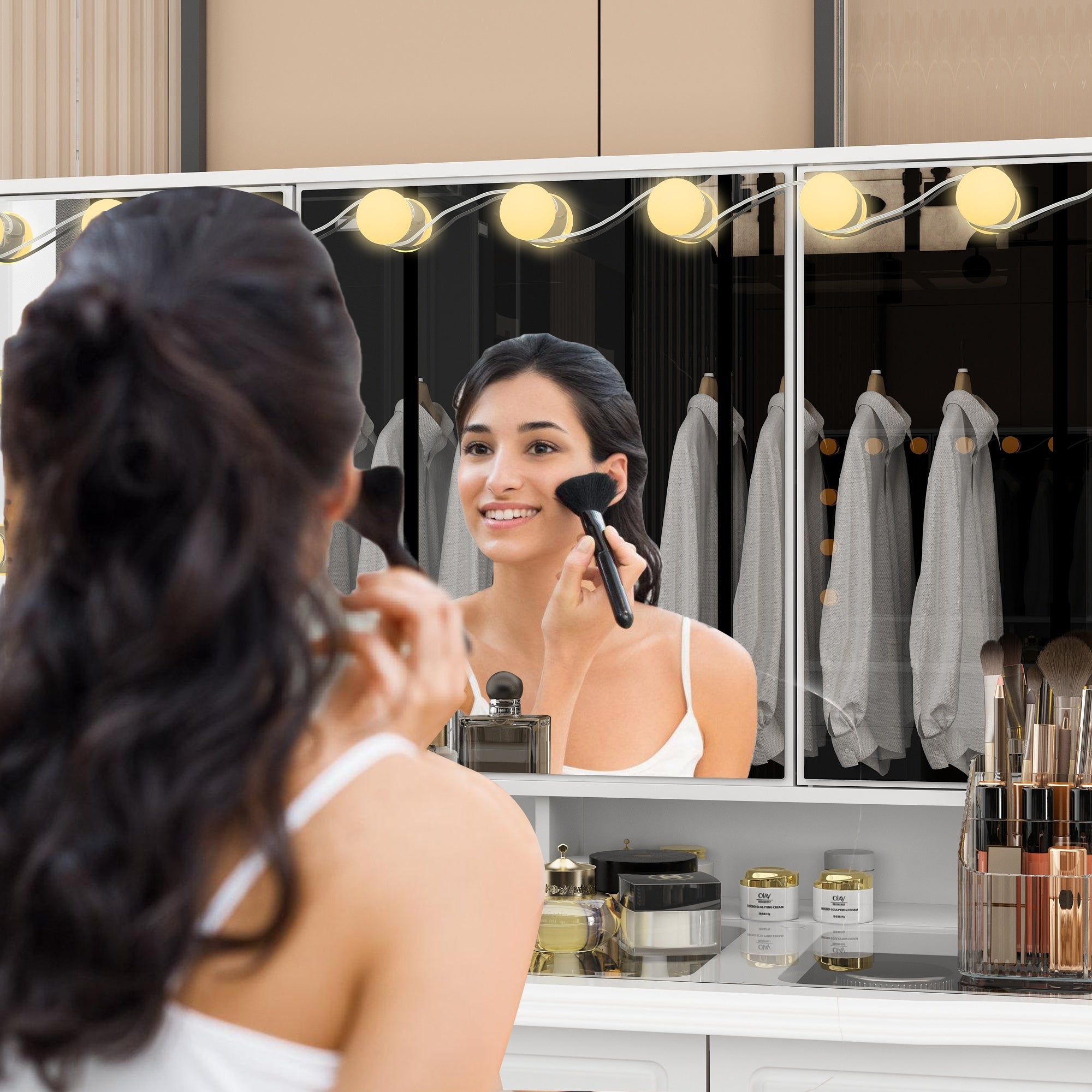 Modern White Makeup Vanity Fold Mirror Adjustable Lighting Dressing - 40.2x54.1