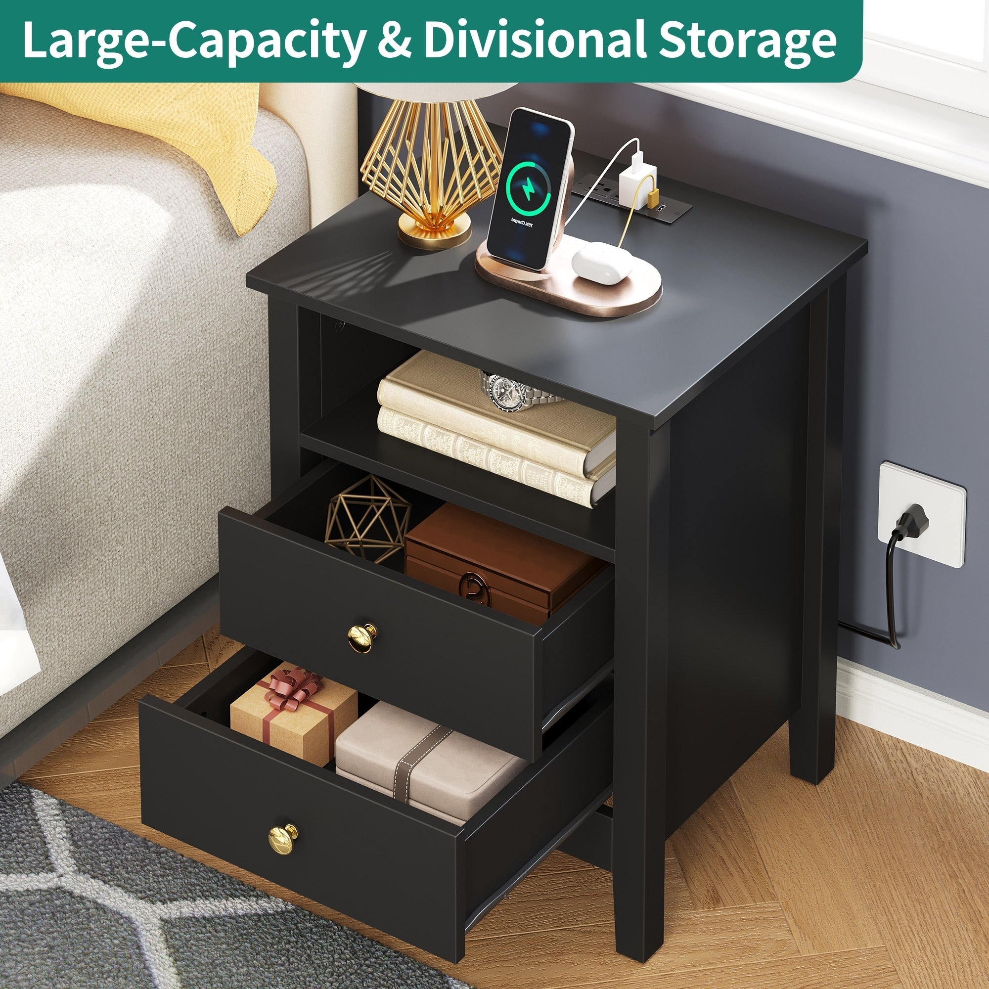Nightstand Set of 2 with Charging Station End Side Table with 2 Drawers with USB Ports and Outlets Bedside Bed