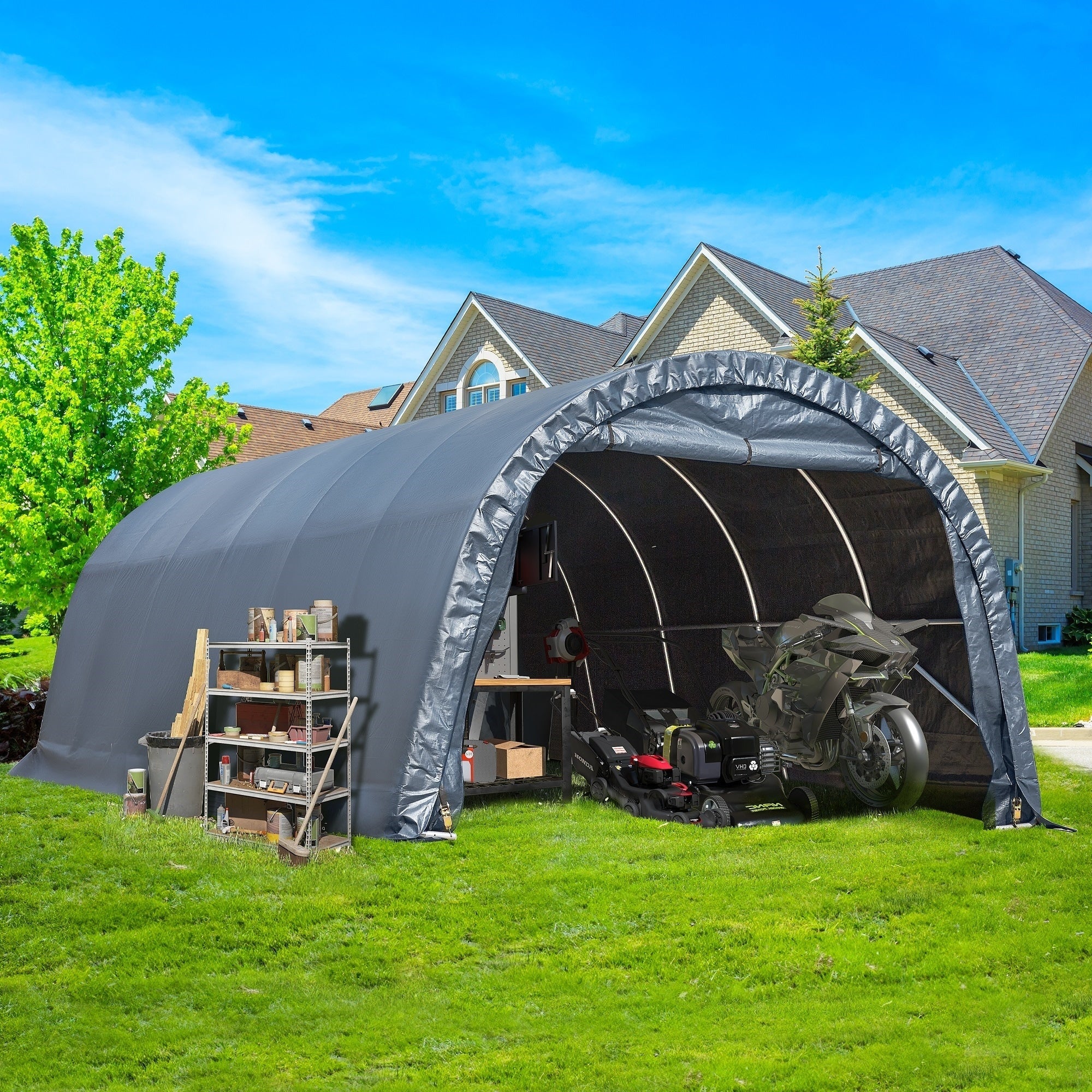 Outdoor Storage Shed and Carport Canopy: Portable Shelter for Bikes, Motorcycles, and Garden Storage